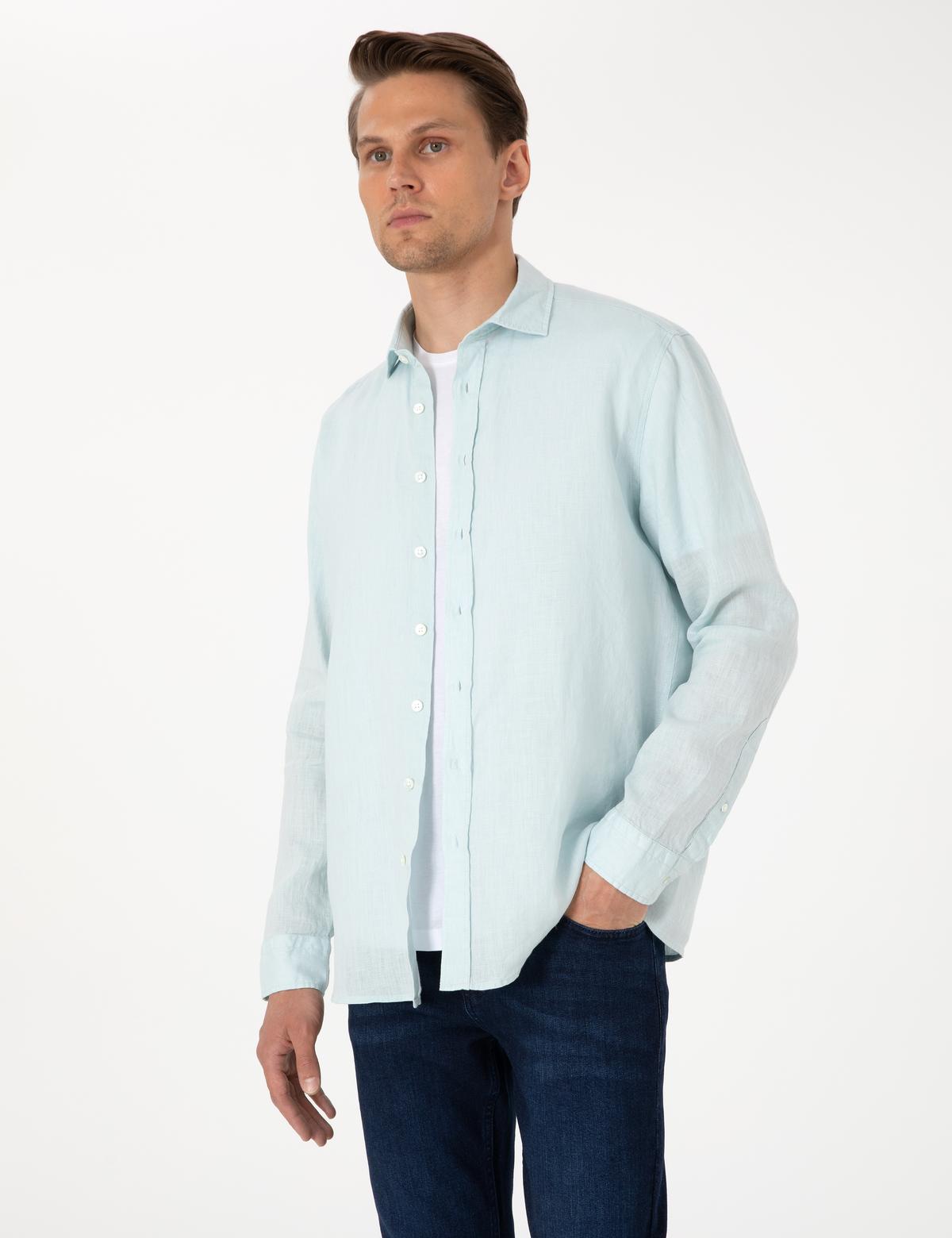 Su Yeşili %100 Keten Regular Fit Uzunkollu Gömlek - 50303293062