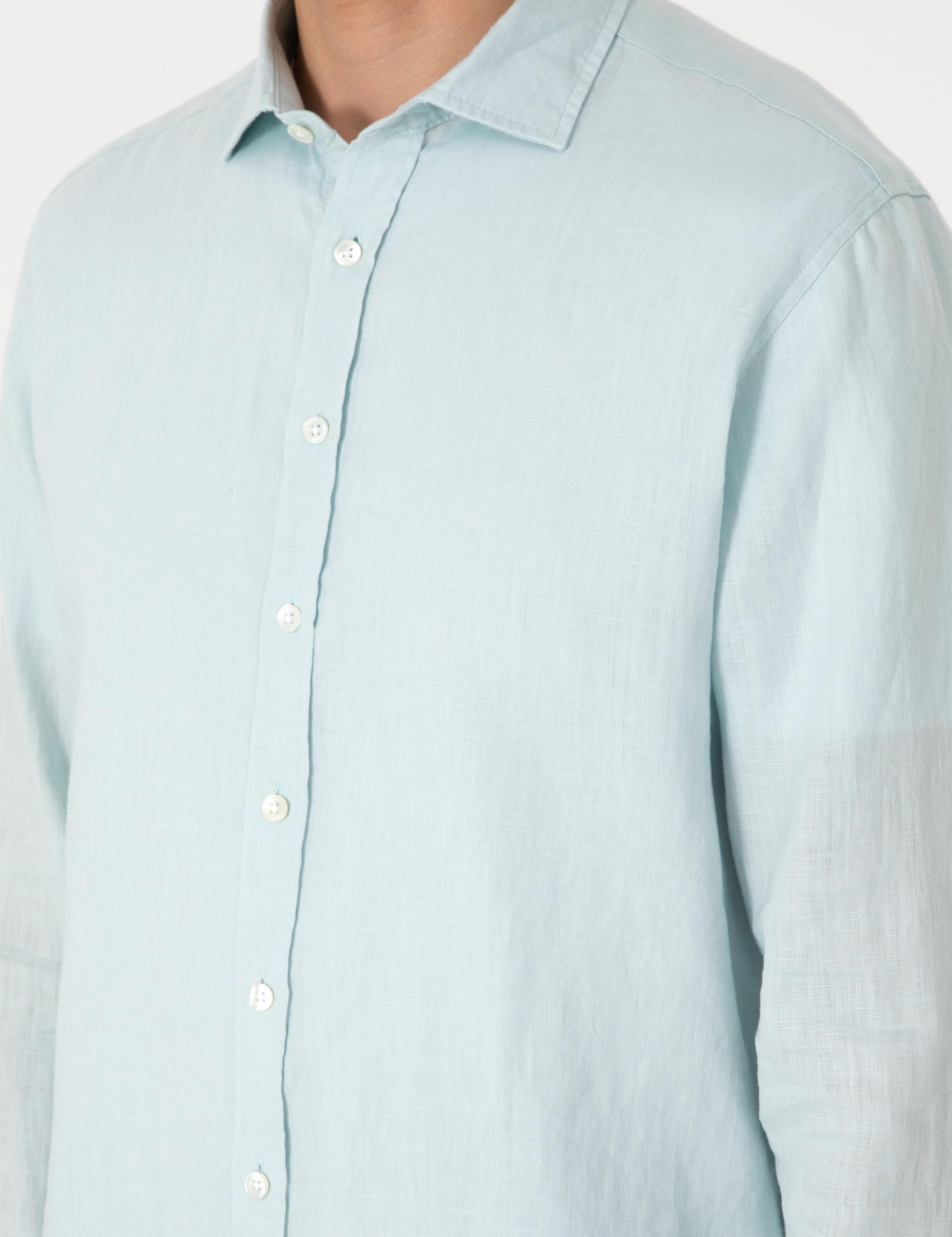 Su Yeşili %100 Keten Regular Fit Uzunkollu Gömlek