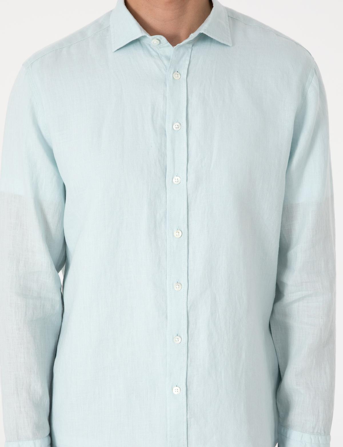 Su Yeşili %100 Keten Regular Fit Uzunkollu Gömlek - 50303293062