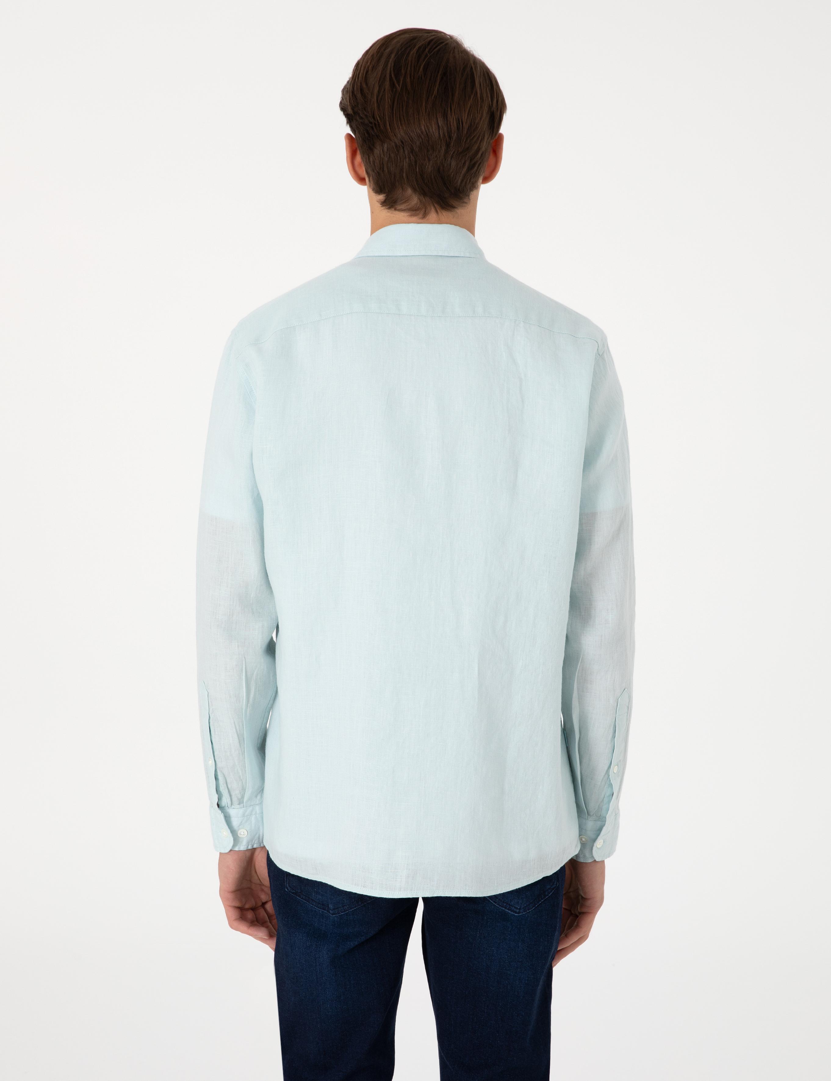Su Yeşili %100 Keten Regular Fit Uzunkollu Gömlek
