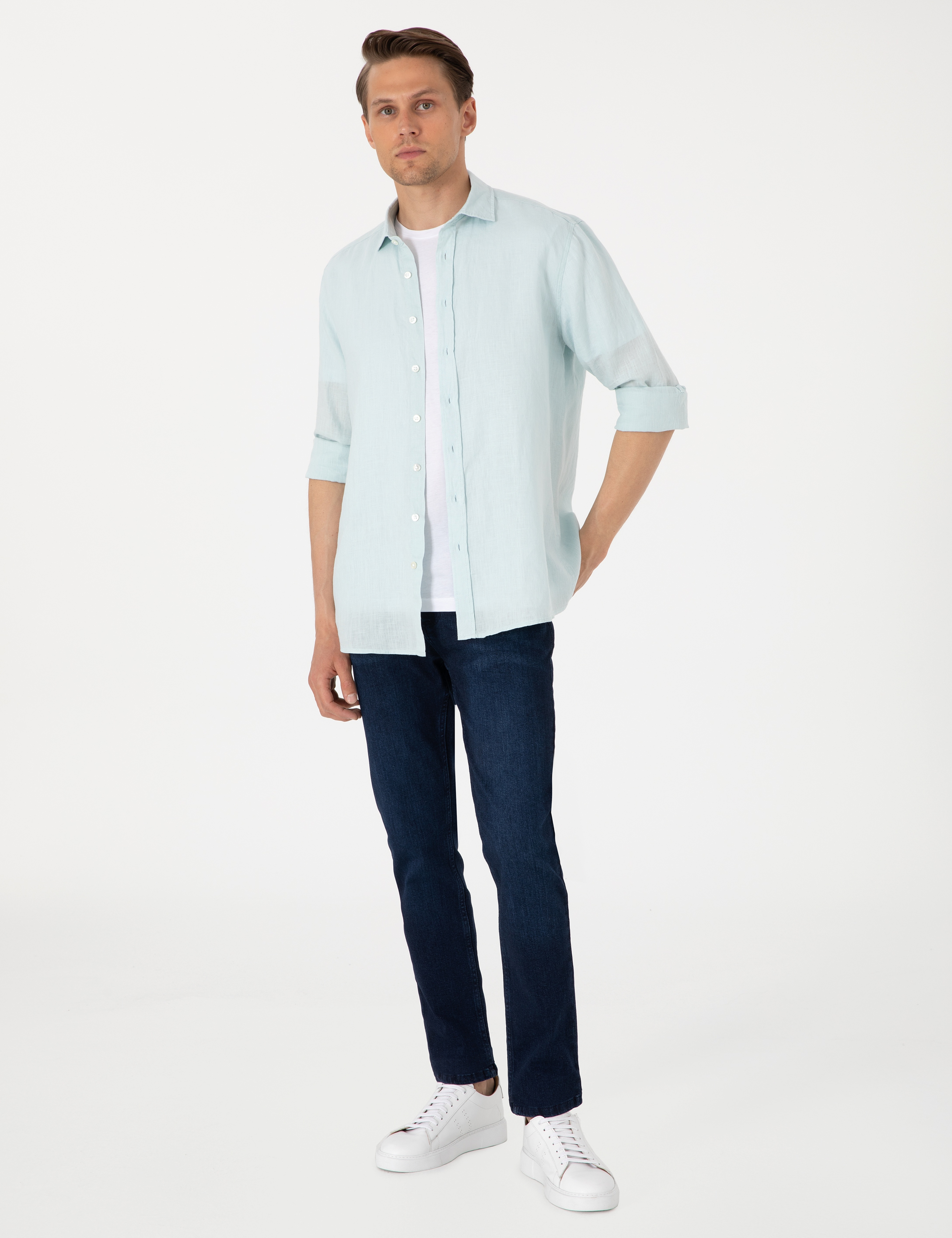 Su Yeşili %100 Keten Regular Fit Uzunkollu Gömlek - Image 4