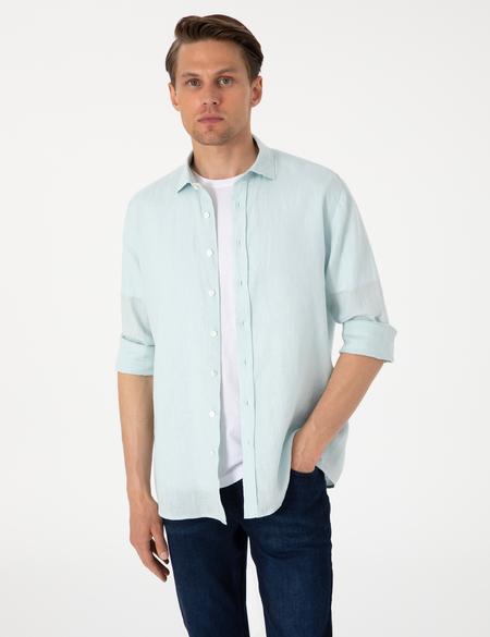 Su Yeşili %100 Keten Regular Fit Uzunkollu Gömlek - 50303293062