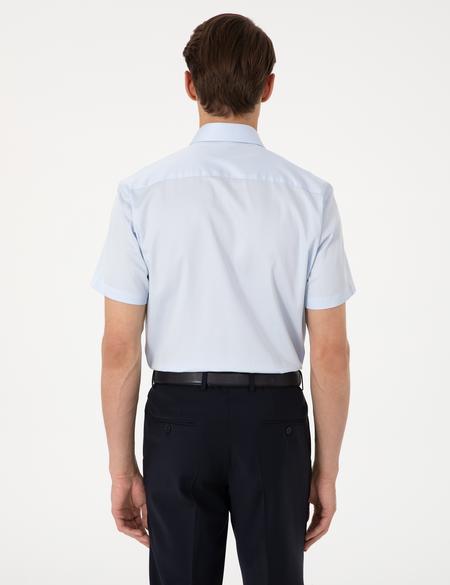 Açık Mavi Parlak Saten Regular Fit Kısa Kollu Basic Gömlek - 50302763007