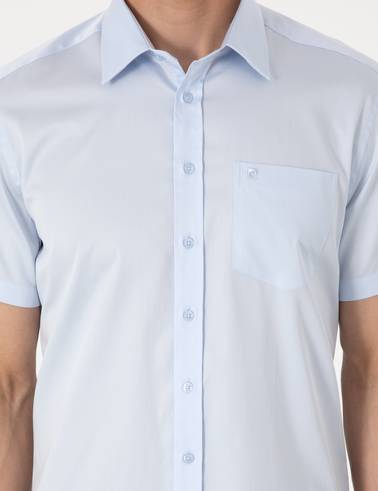 Açık Mavi %100 Pamuk Parlak Saten Regular Fit Kısa Kollu Basic Gömlek