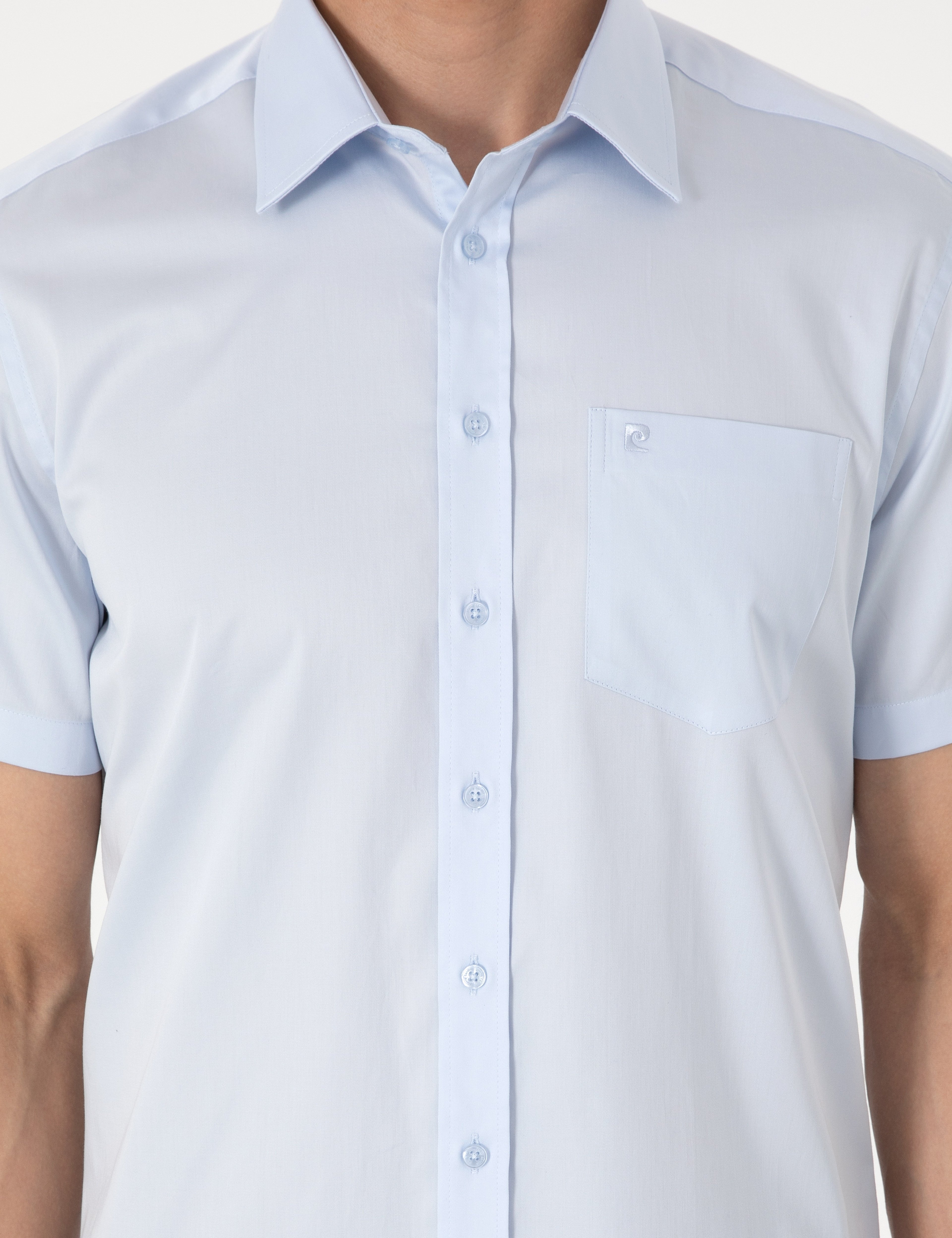 Açık Mavi %100 Pamuk Parlak Saten Regular Fit Kısa Kollu Basic Gömlek