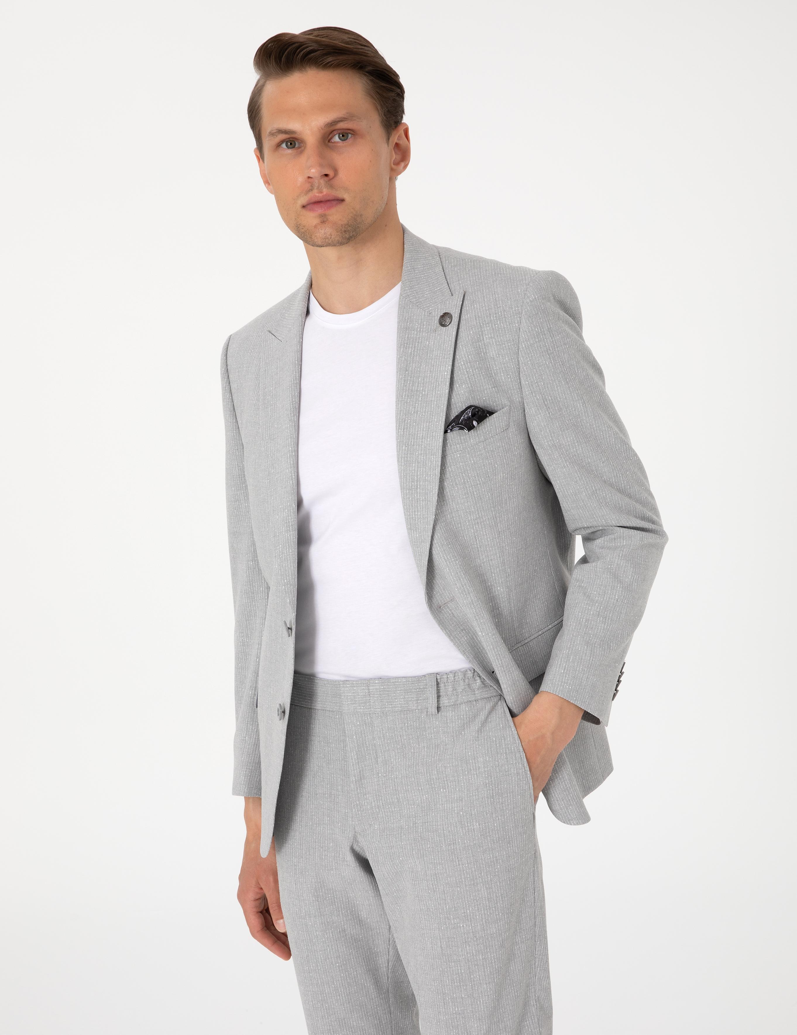 Gri Slim Fit Çizgili Takım Elbise