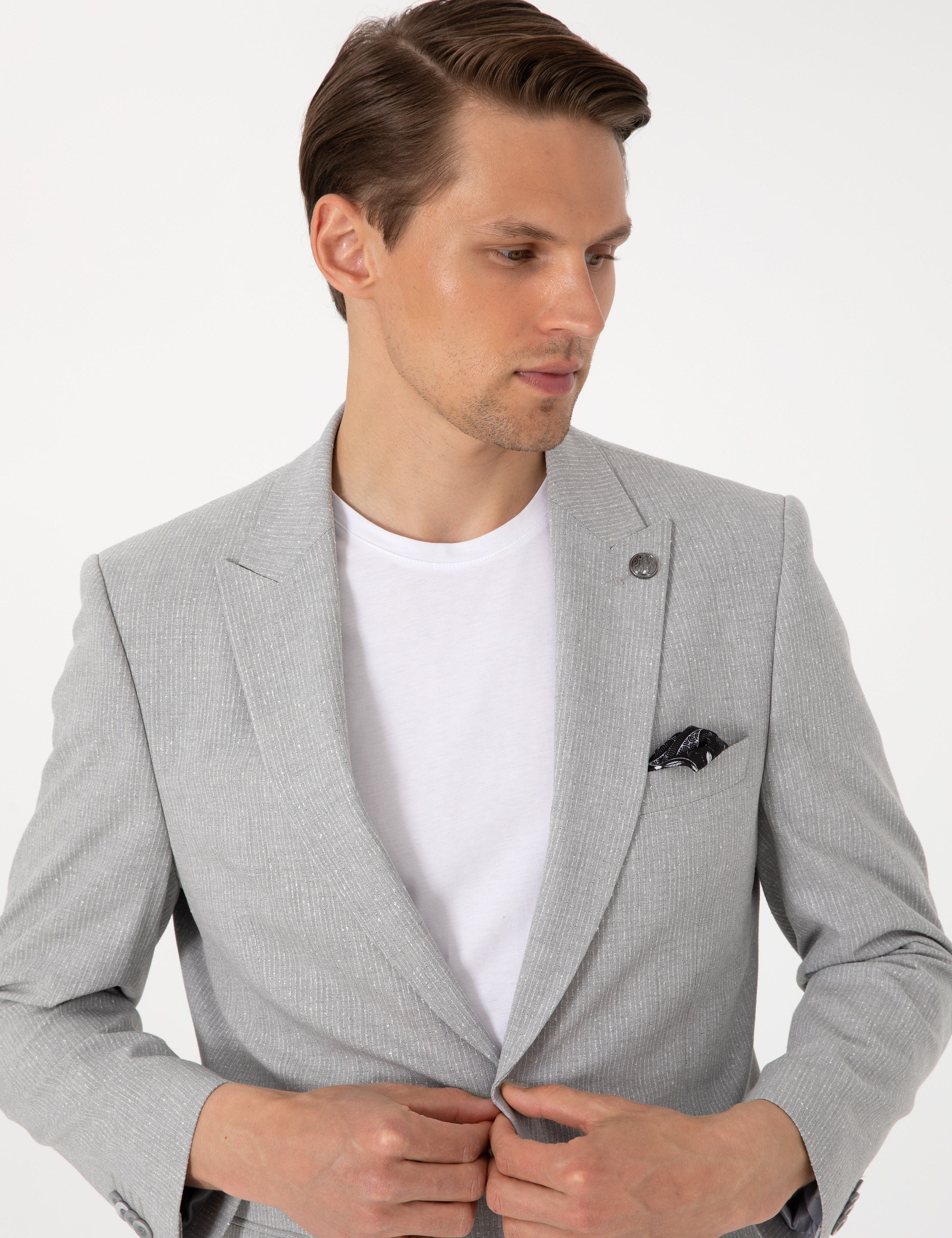 Gri Slim Fit Çizgili Takım Elbise