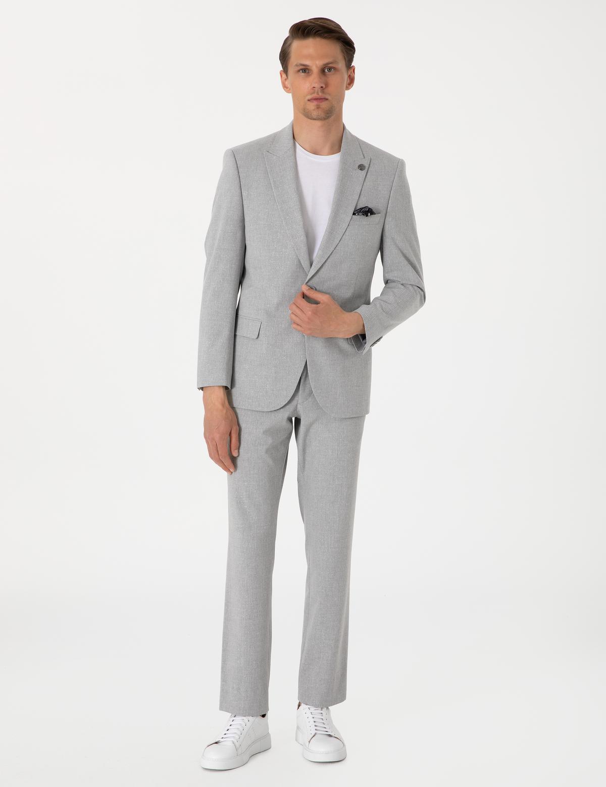 Gri Slim Fit Çizgili Takım Elbise - 50302435029