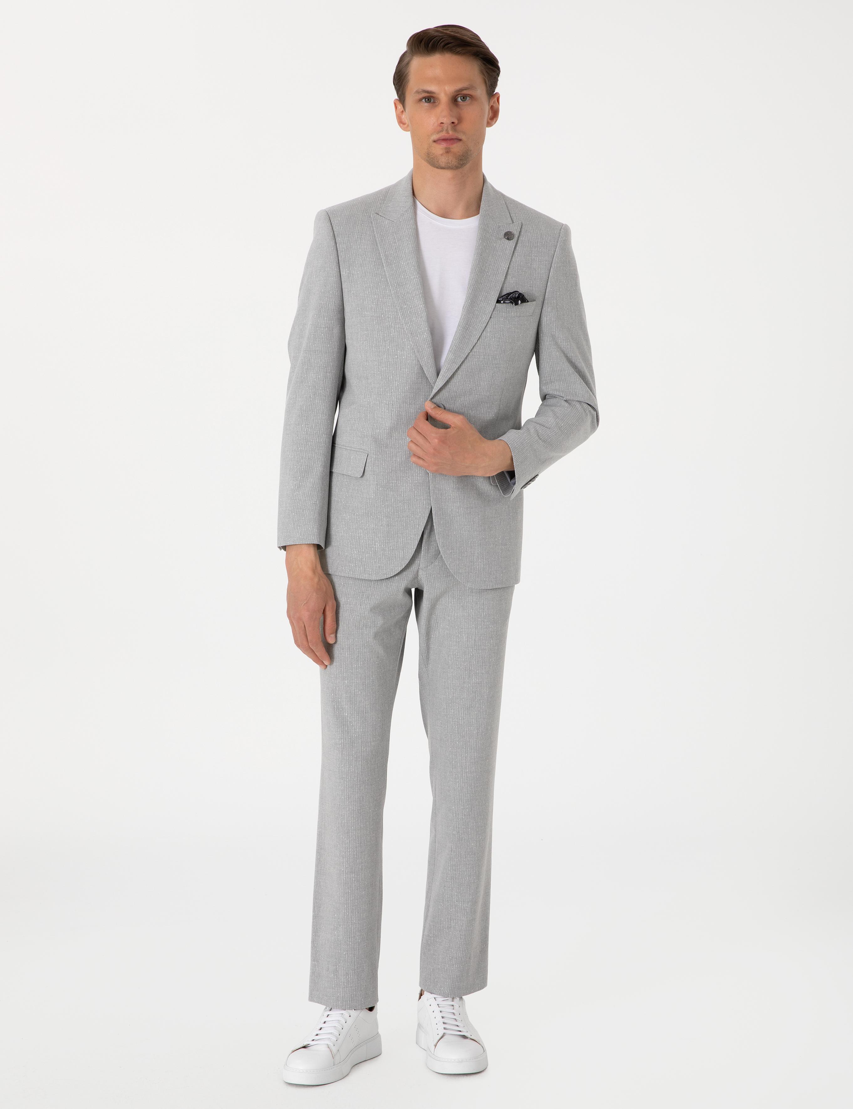 Gri Slim Fit Çizgili Takım Elbise