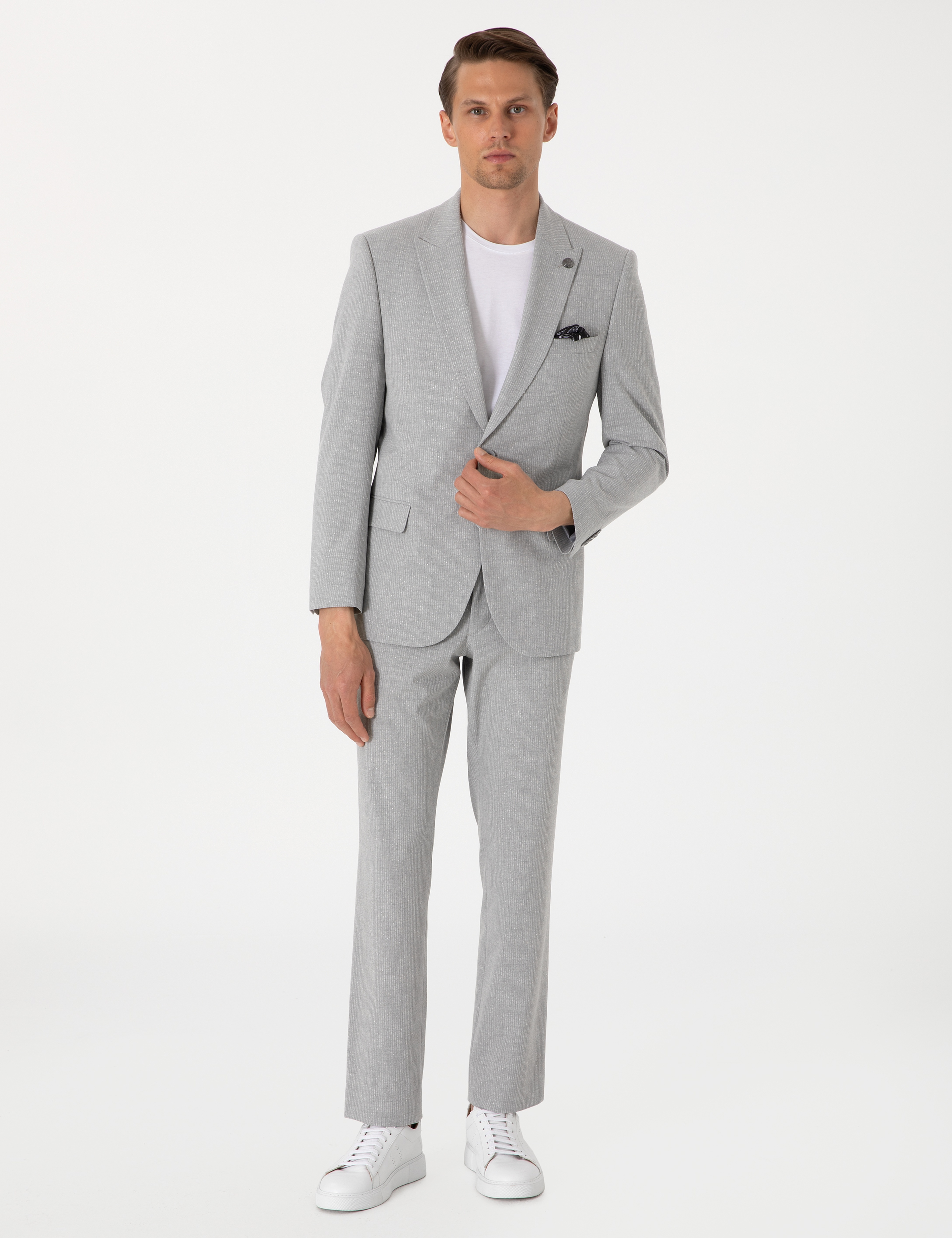 Gri Slim Fit Çizgili Takım Elbise - Image 4