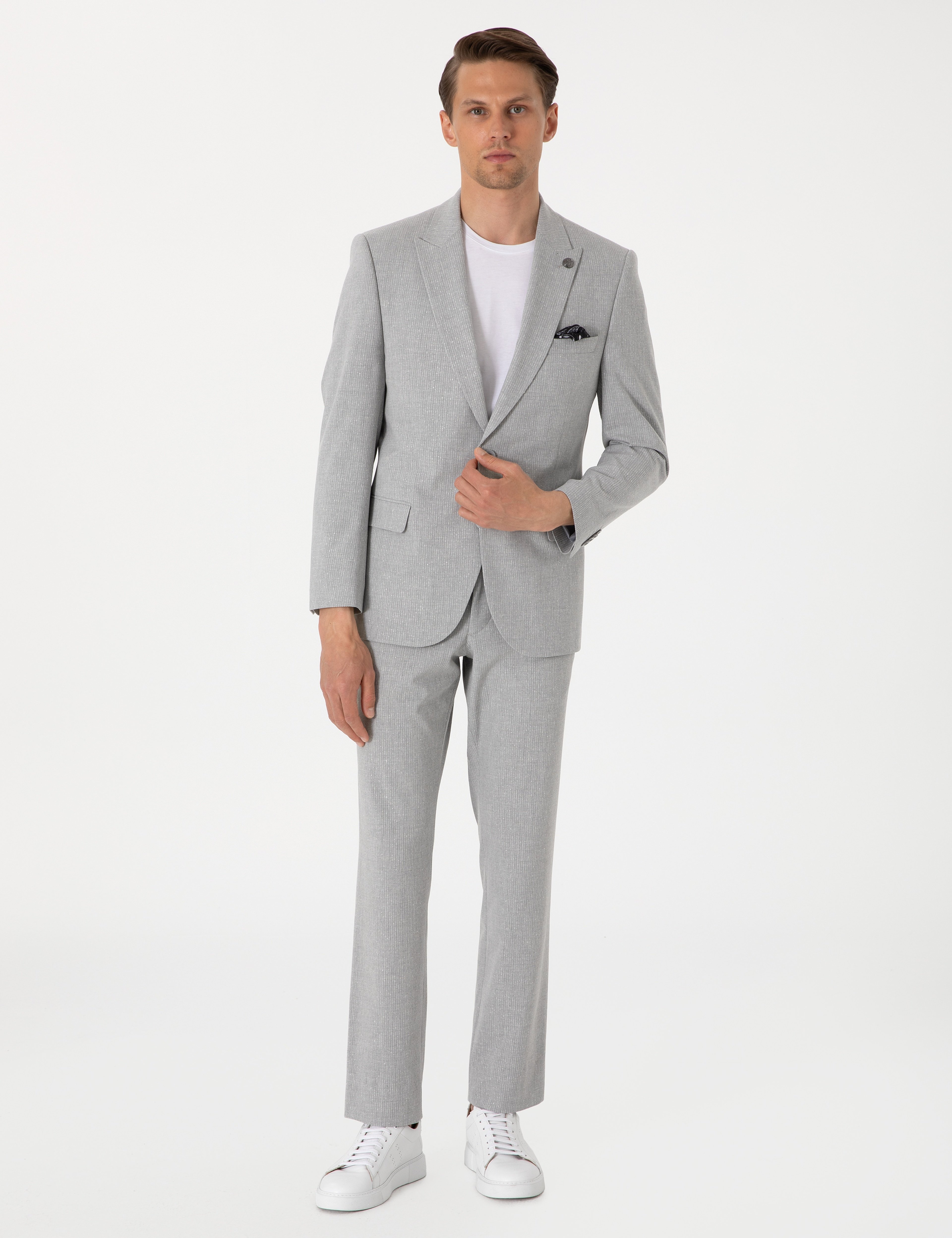 Gri Slim Fit Çizgili Takım Elbise