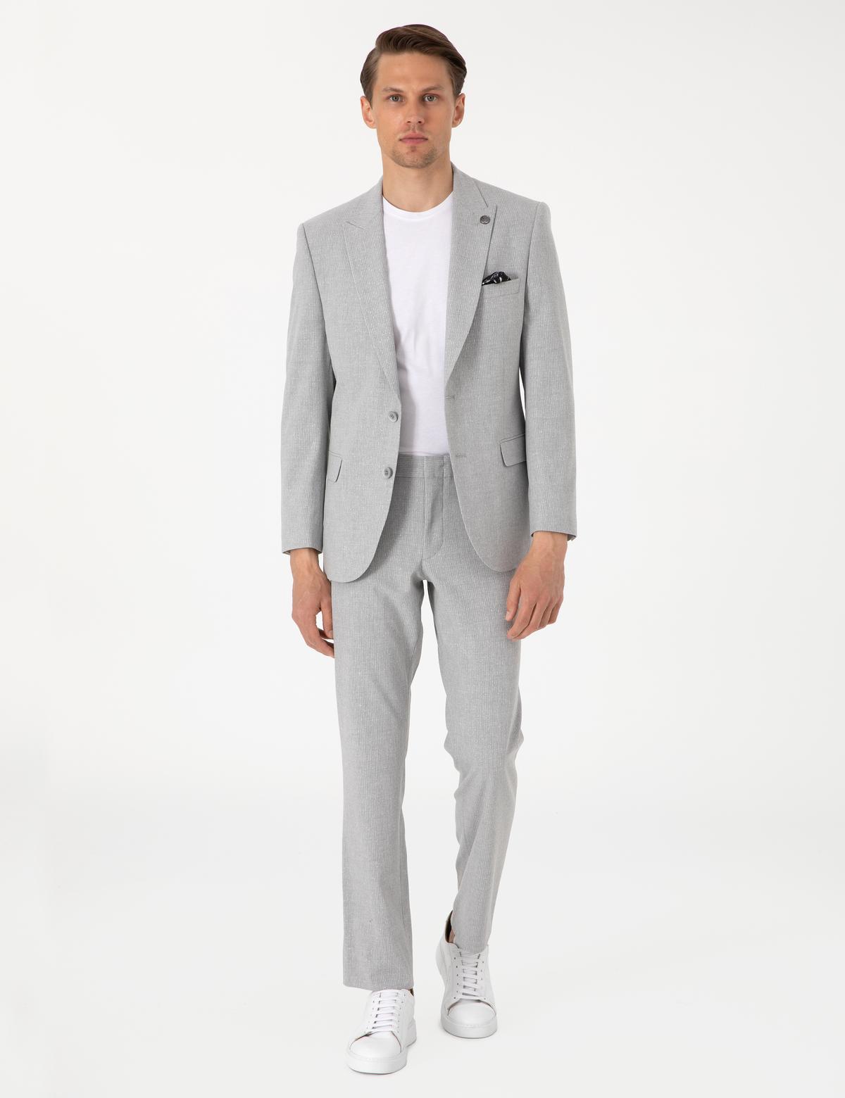 Gri Slim Fit Çizgili Takım Elbise