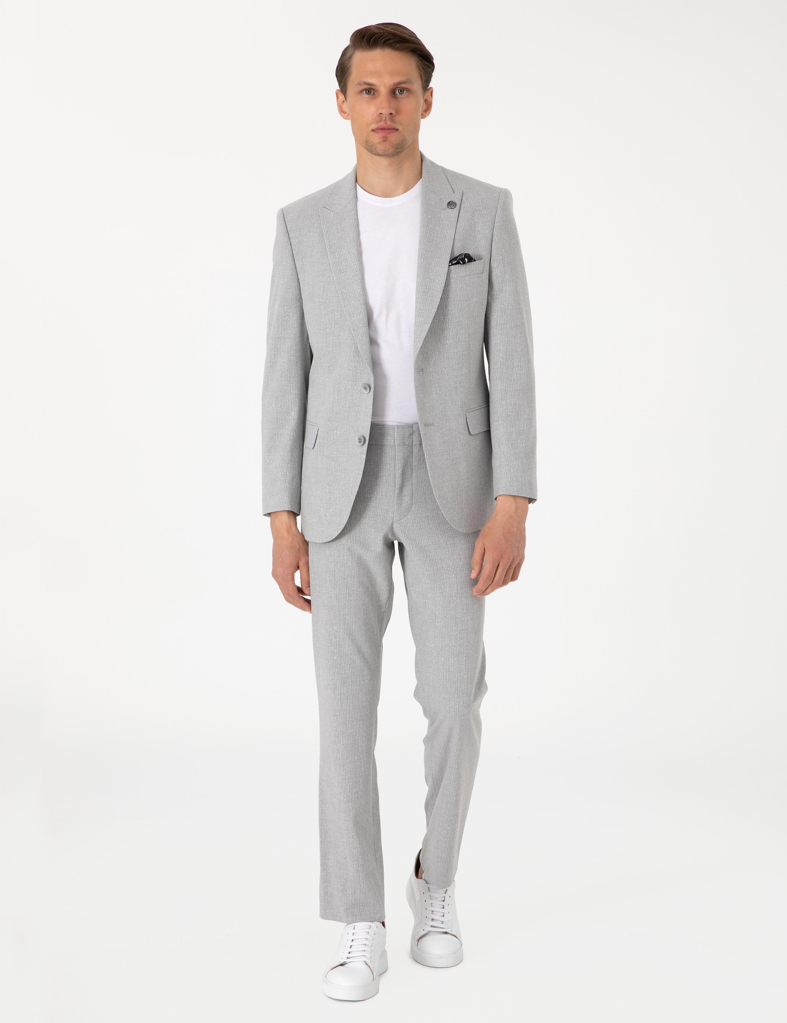 Gri Slim Fit Çizgili Takım Elbise