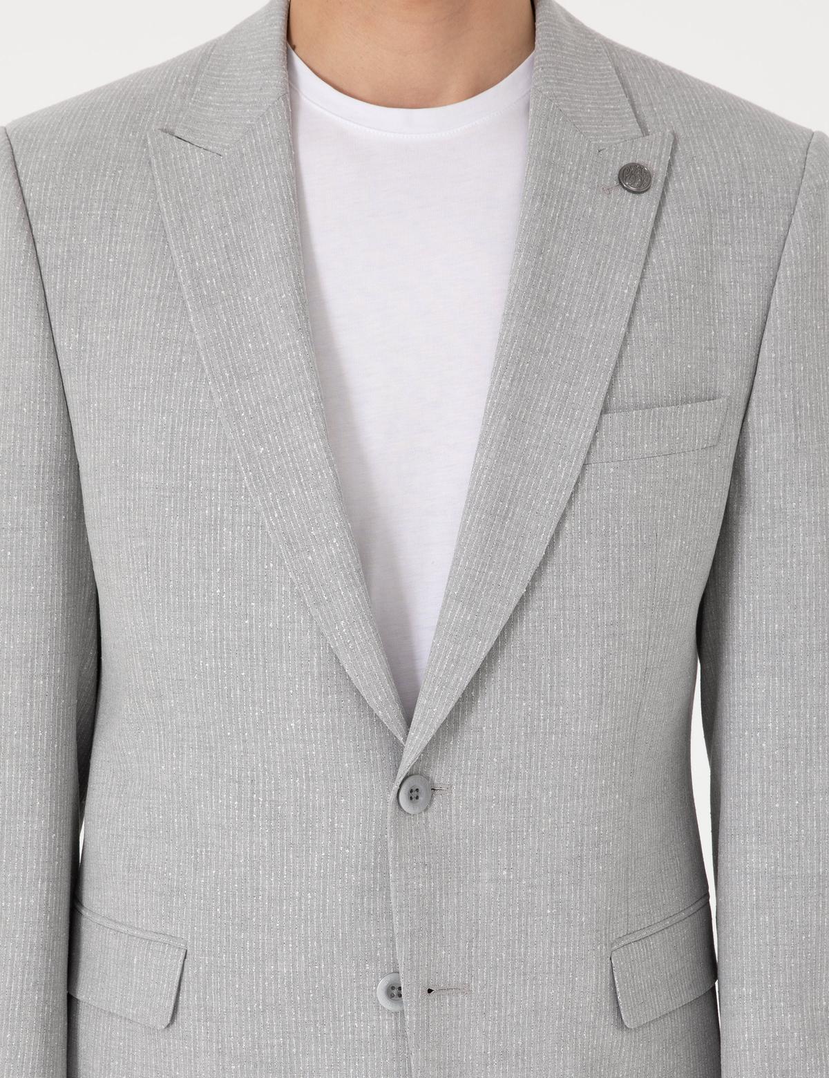 Gri Slim Fit Çizgili Takım Elbise - 50302435029