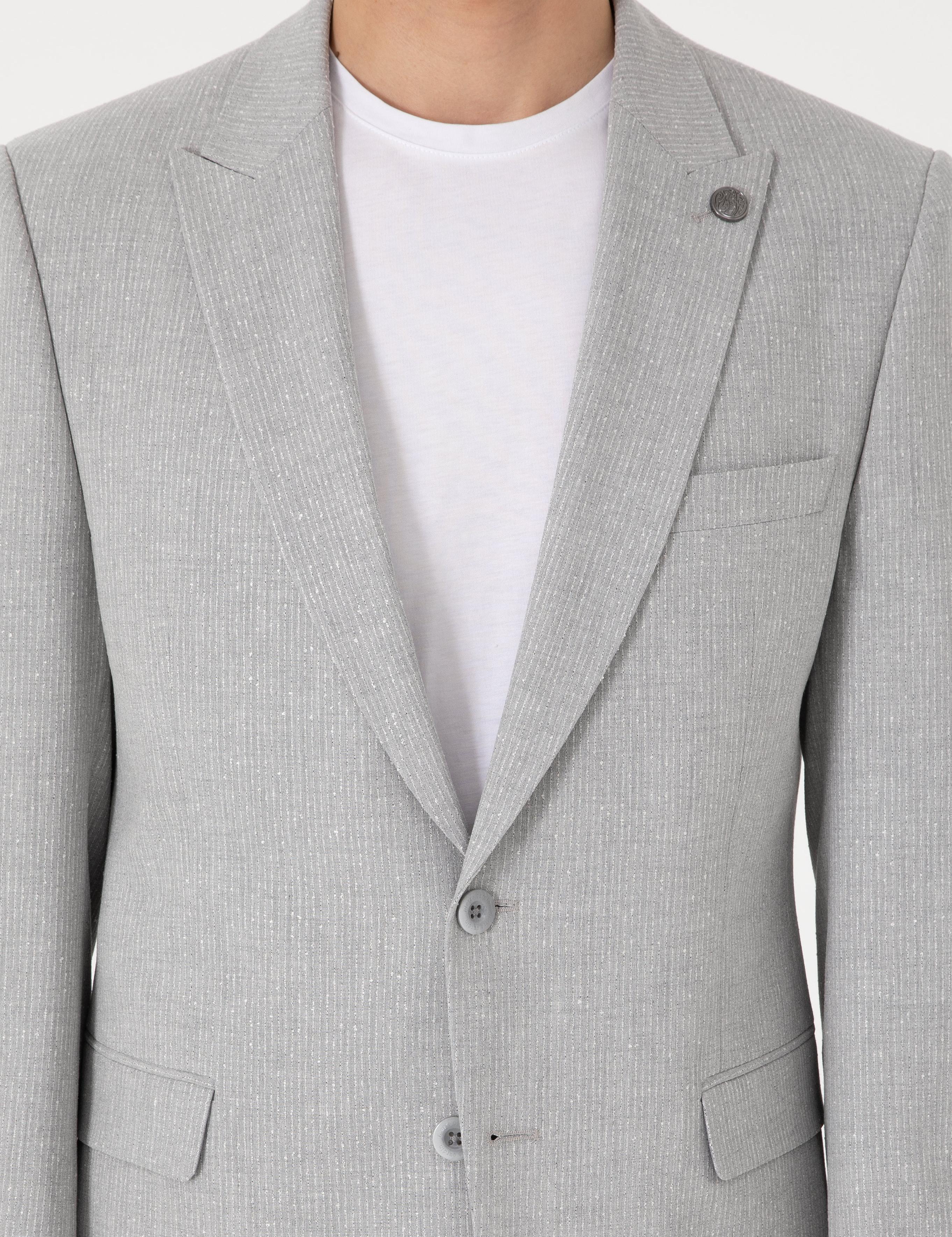 Gri Slim Fit Çizgili Takım Elbise