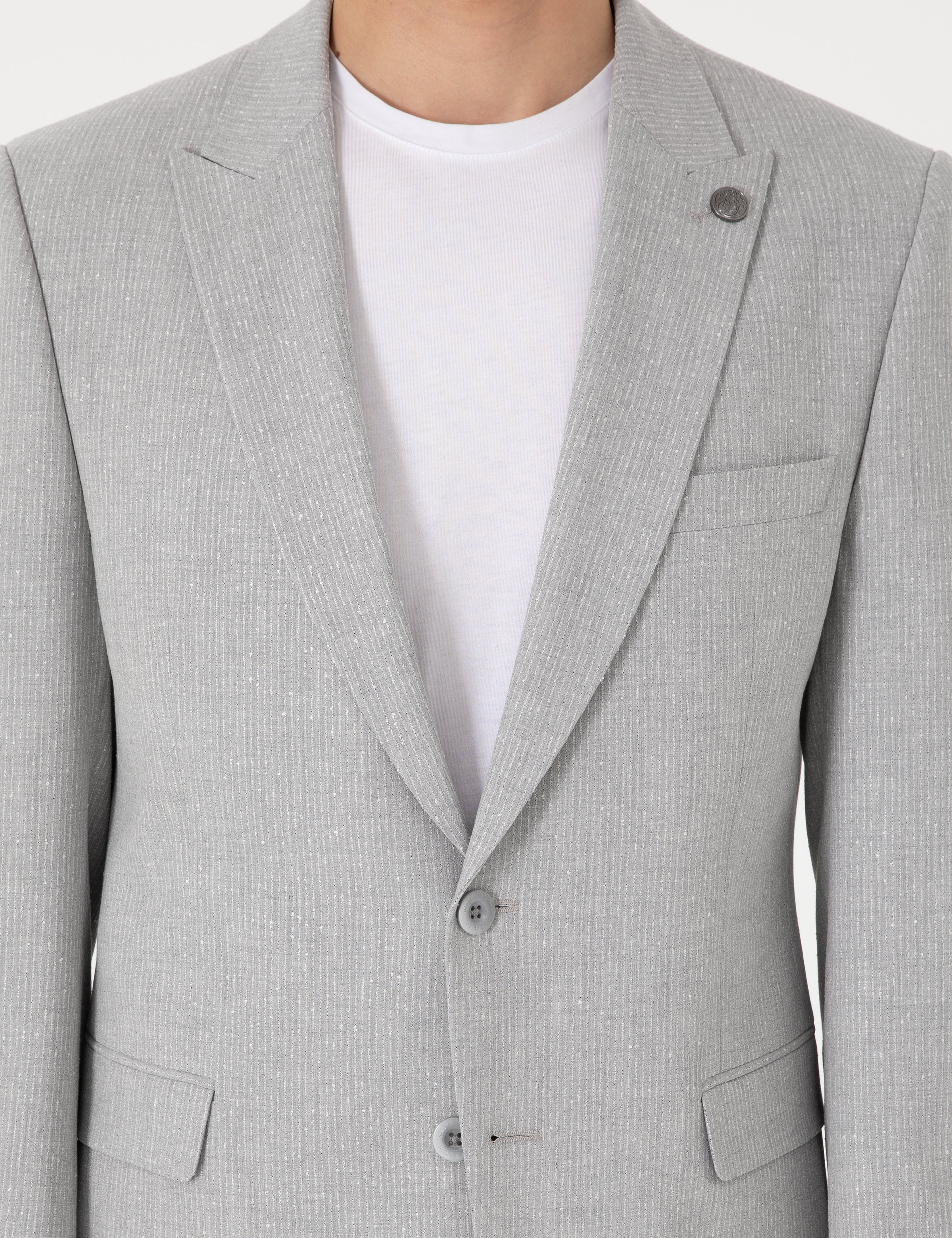 Gri Slim Fit Çizgili Takım Elbise