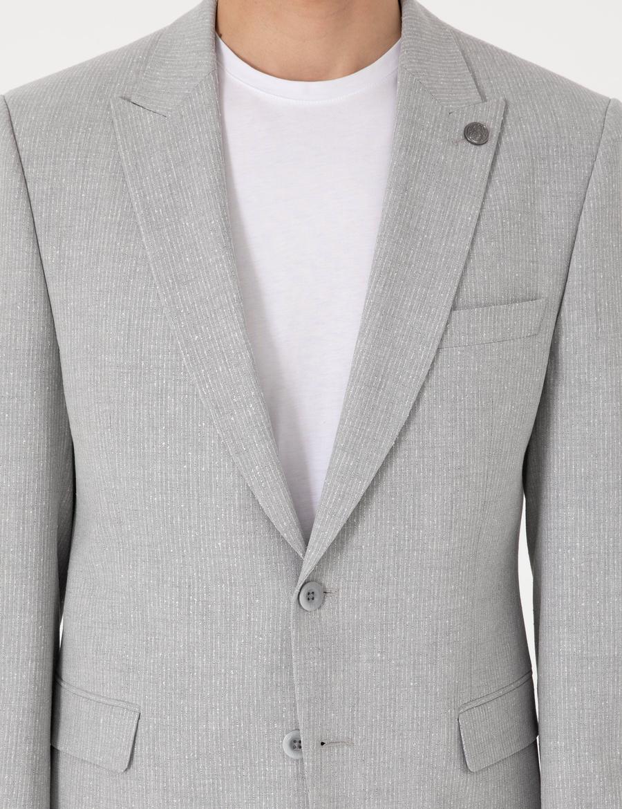 Gri Slim Fit Çizgili Takım Elbise