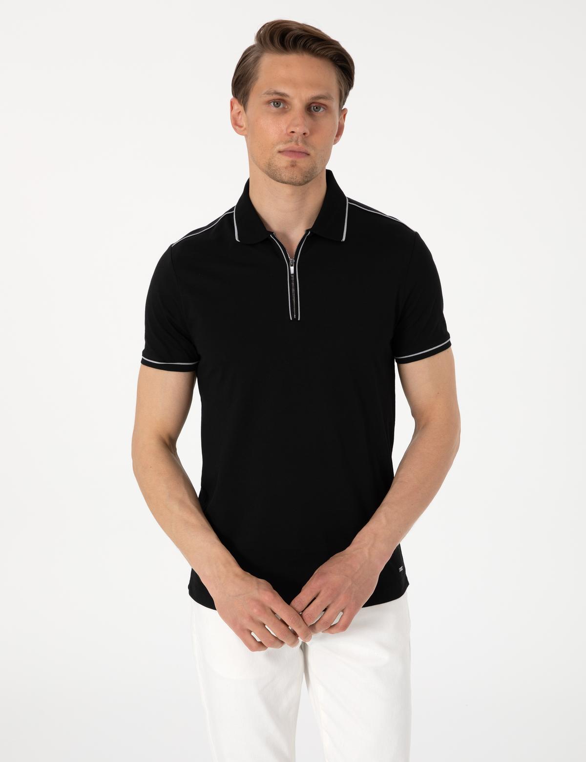 Siyah Slim Fit %100 Pamuk Polo Yaka Merserize Tişört