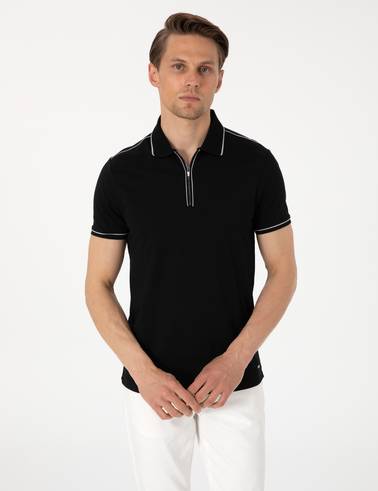 Siyah Slim Fit %100 Pamuk Polo Yaka Merserize Tişört