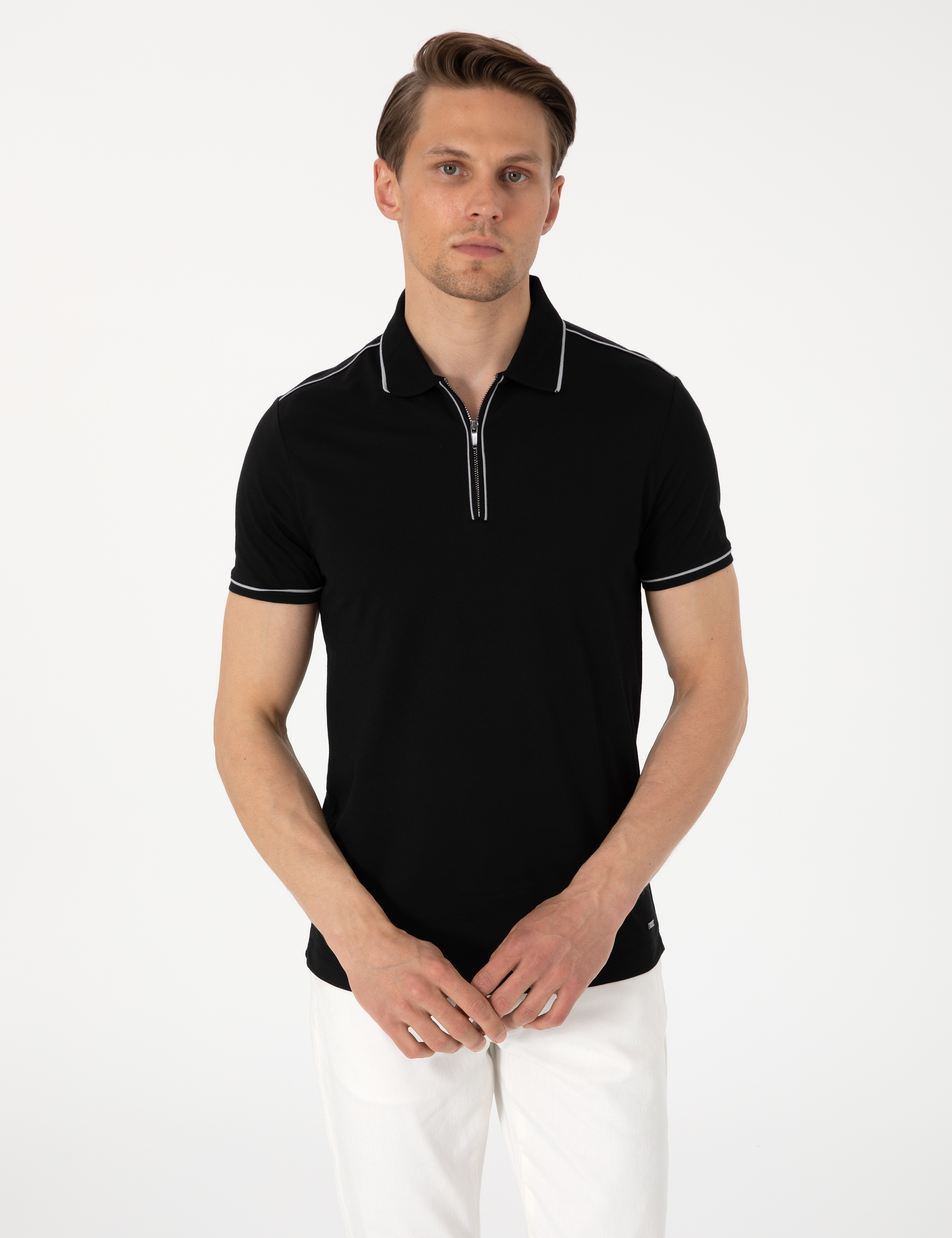 Siyah Slim Fit %100 Pamuk Polo Yaka Merserize Tişört - Image 1