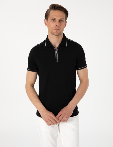 Siyah Slim Fit %100 Pamuk Fermuarlı Polo Yaka Merserize Tişört