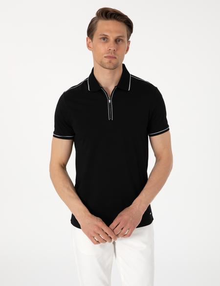 Siyah Slim Fit %100 Pamuk Polo Yaka Merserize Tişört - 50302615043