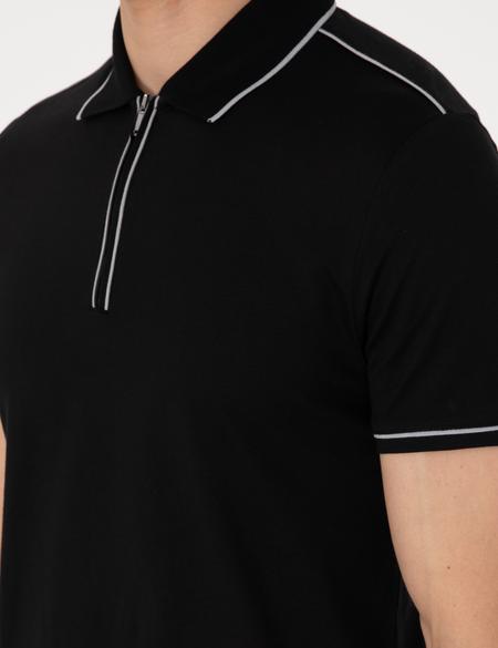 Siyah Slim Fit %100 Pamuk Polo Yaka Merserize Tişört - 50302615043