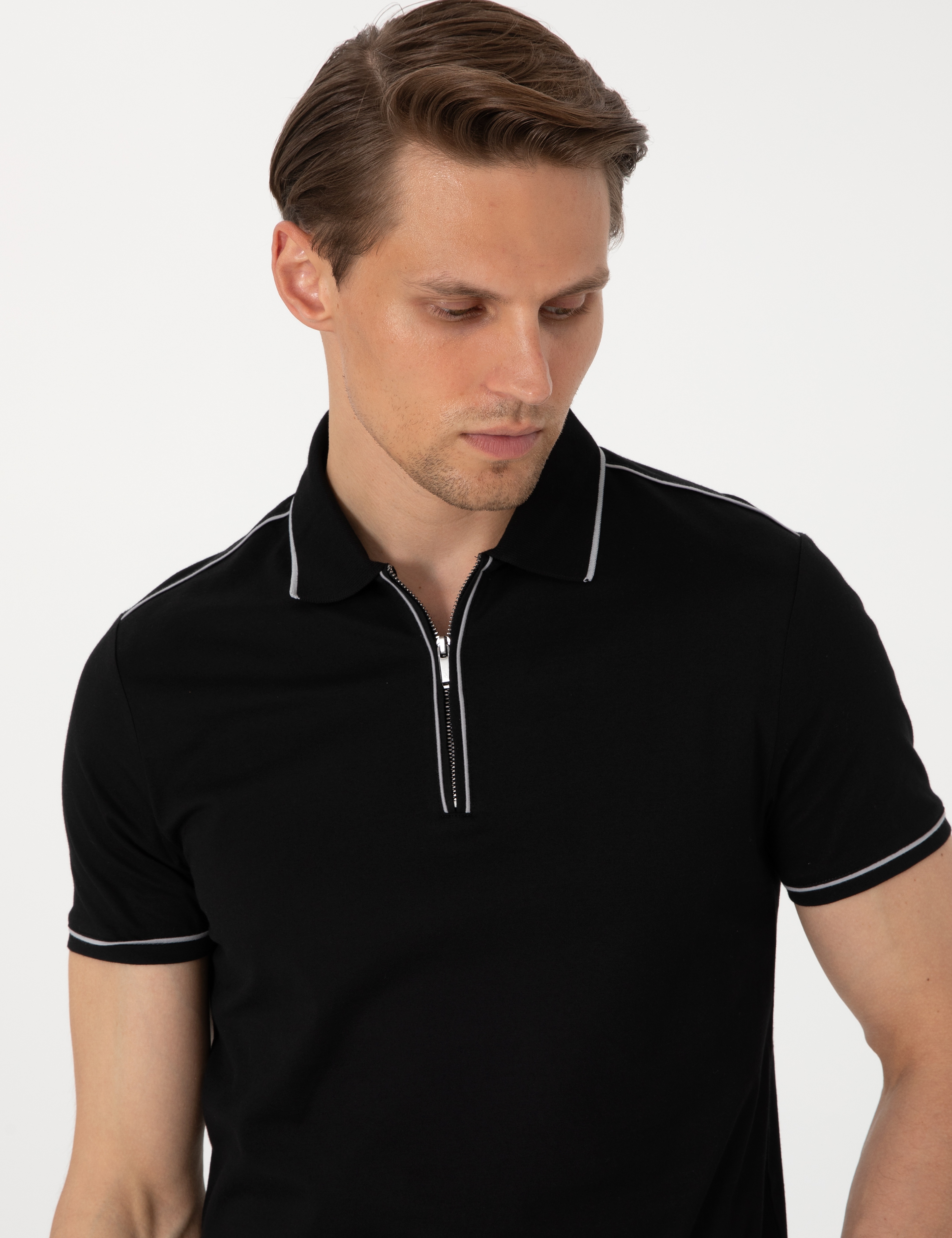 Siyah Slim Fit %100 Pamuk Polo Yaka Merserize Tişört - Image 2