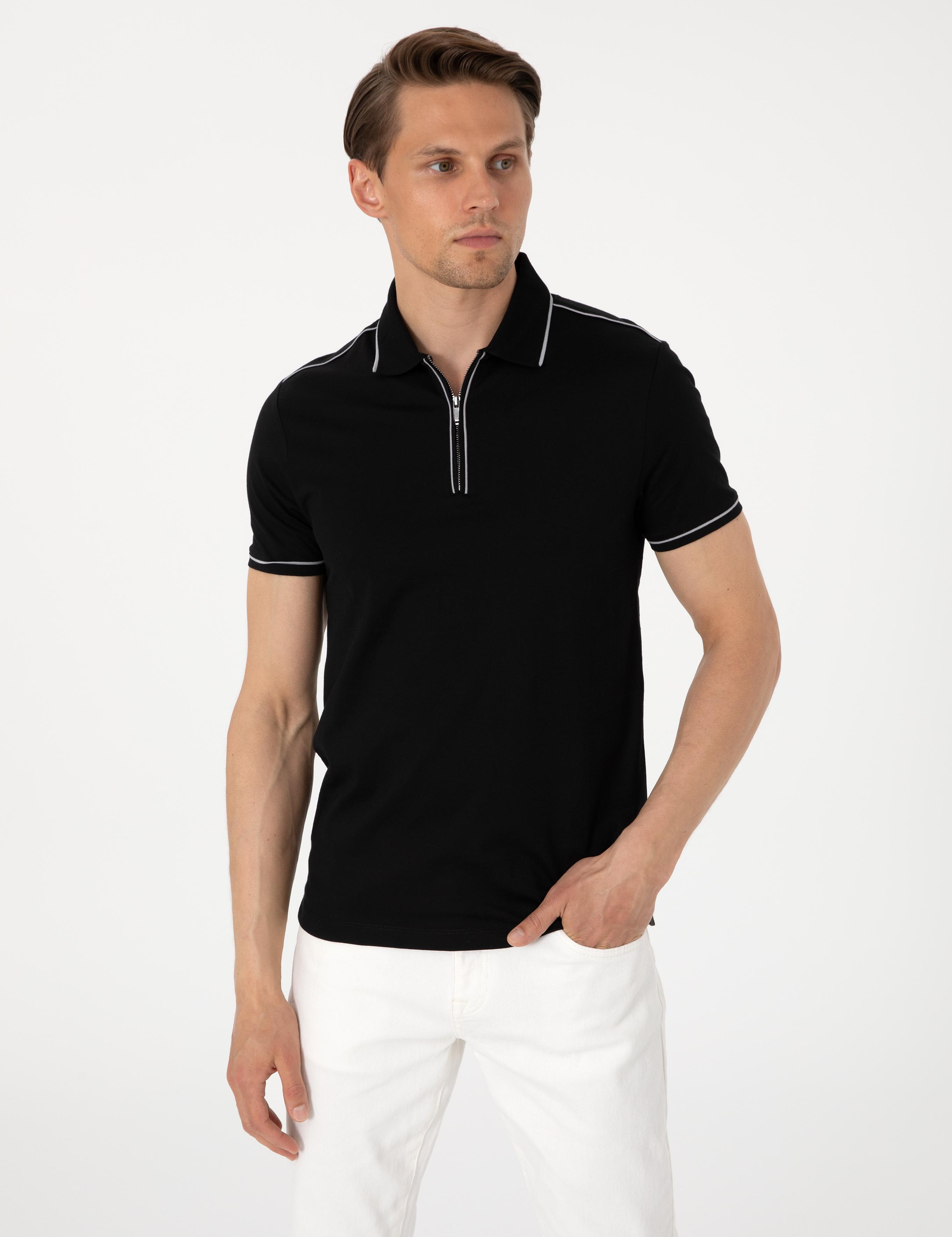 Siyah Slim Fit %100 Pamuk Polo Yaka Merserize Tişört