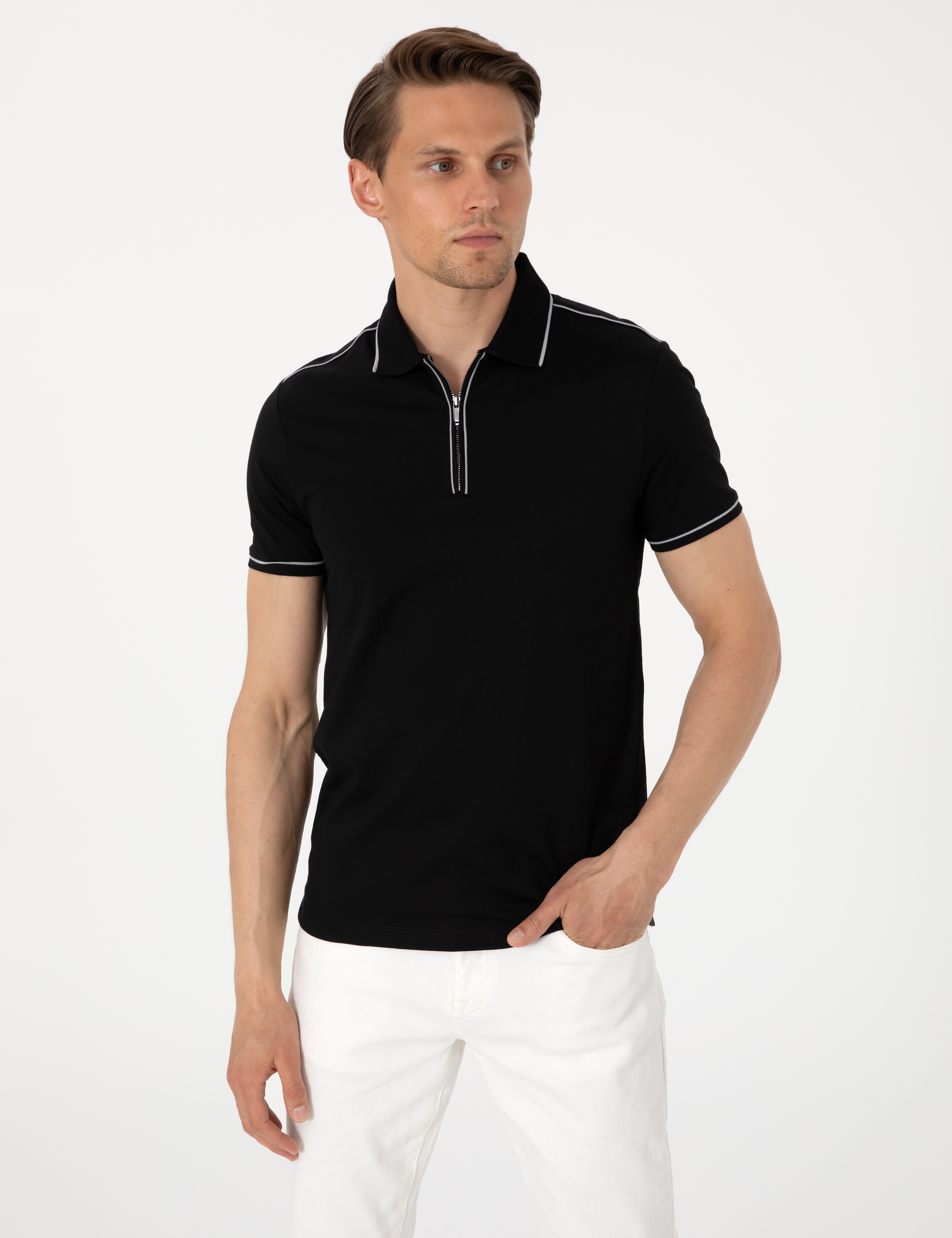 Siyah Slim Fit %100 Pamuk Polo Yaka Merserize Tişört - Image 3