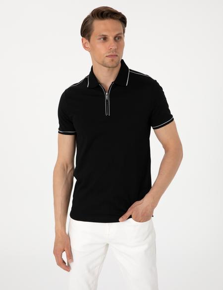 Siyah Slim Fit %100 Pamuk Polo Yaka Merserize Tişört - 50302615043
