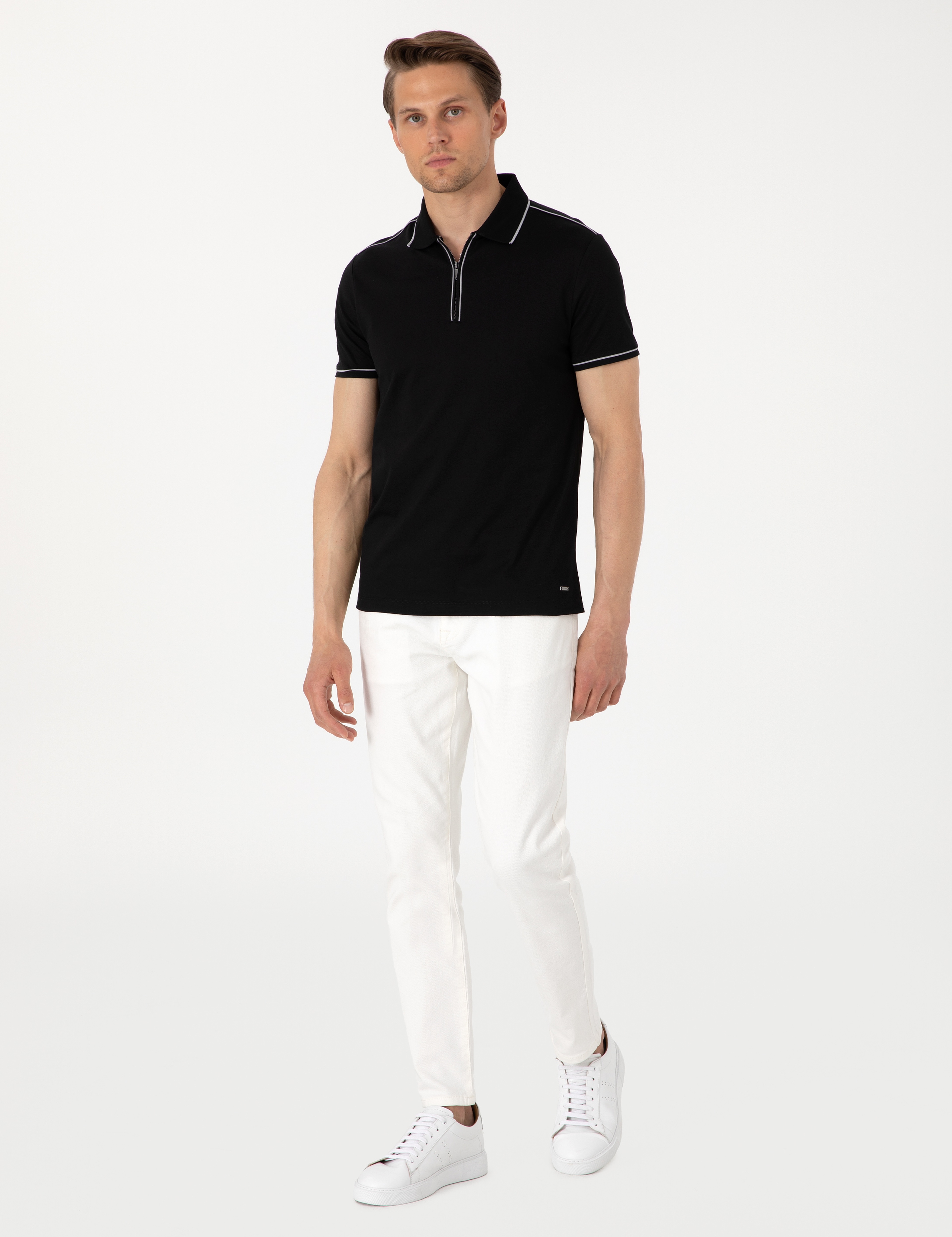 Siyah Slim Fit %100 Pamuk Polo Yaka Merserize Tişört - Image 4