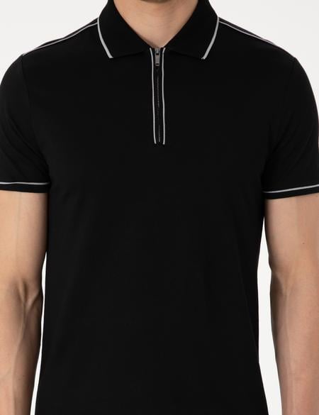 Siyah Slim Fit %100 Pamuk Polo Yaka Merserize Tişört - 50302615043