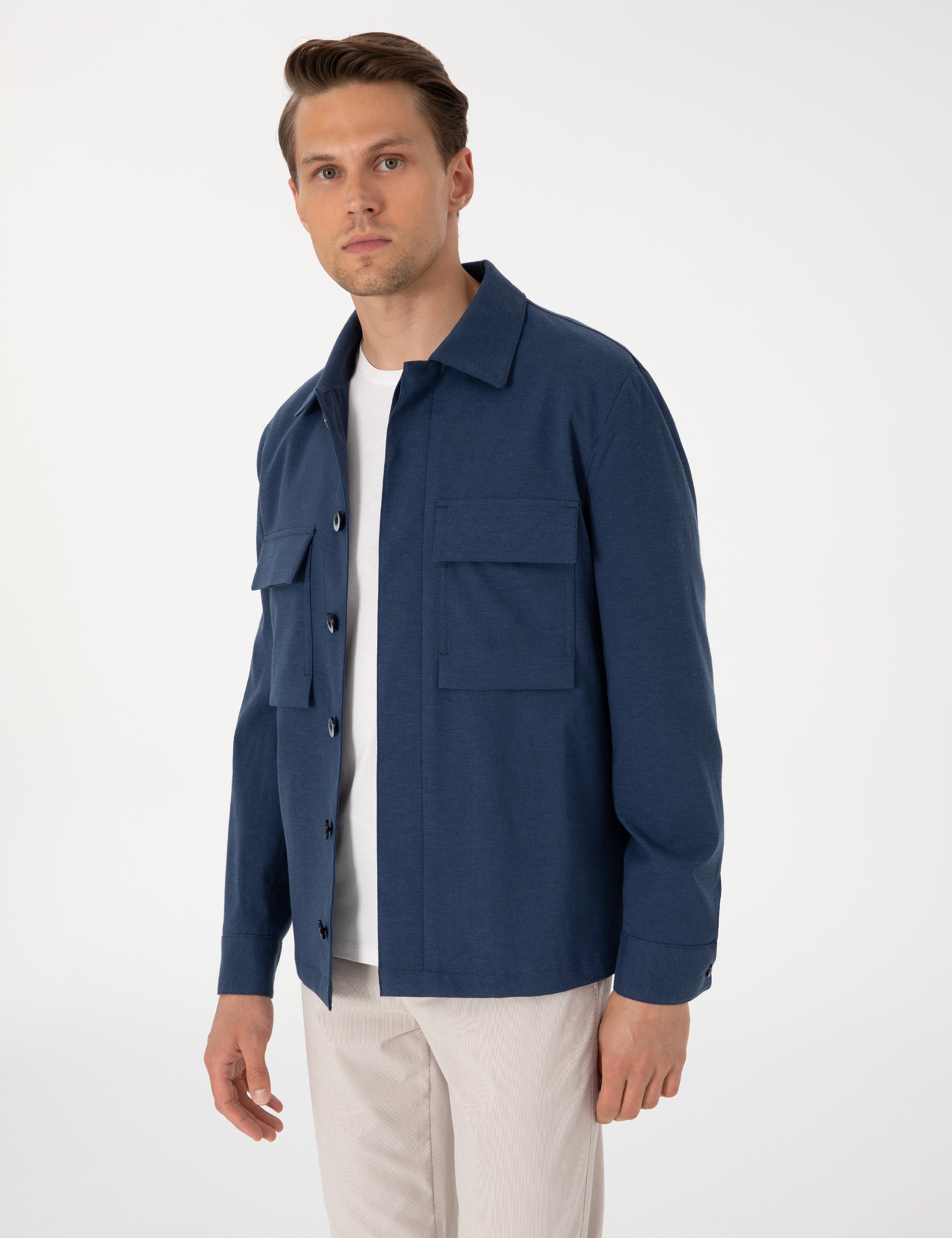 Lacivert Regular Fit Keten Pamuk Karışımlı Gömlek Ceket - Image 3