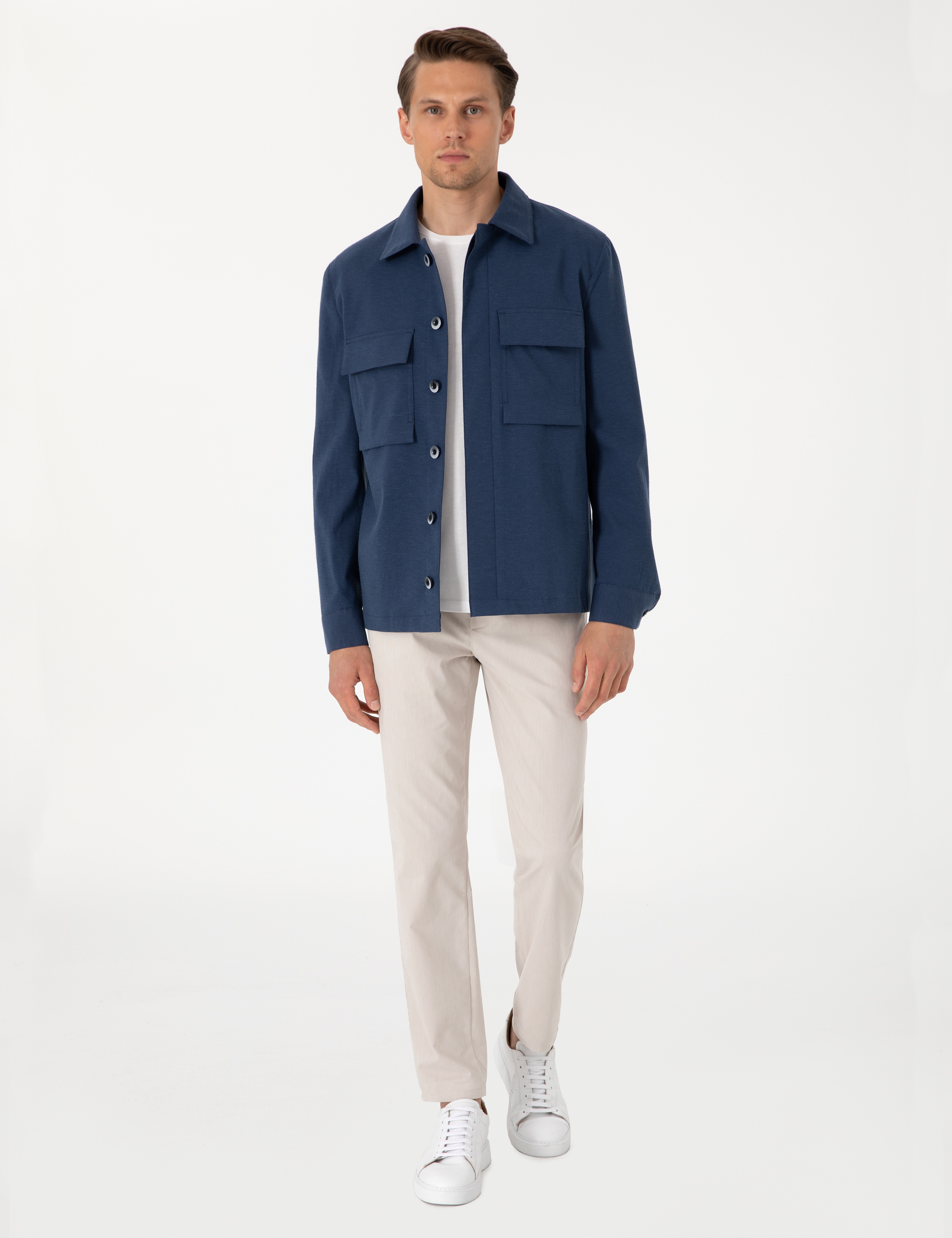 Lacivert Regular Fit Keten Pamuk Karışımlı Gömlek Ceket - Image 4