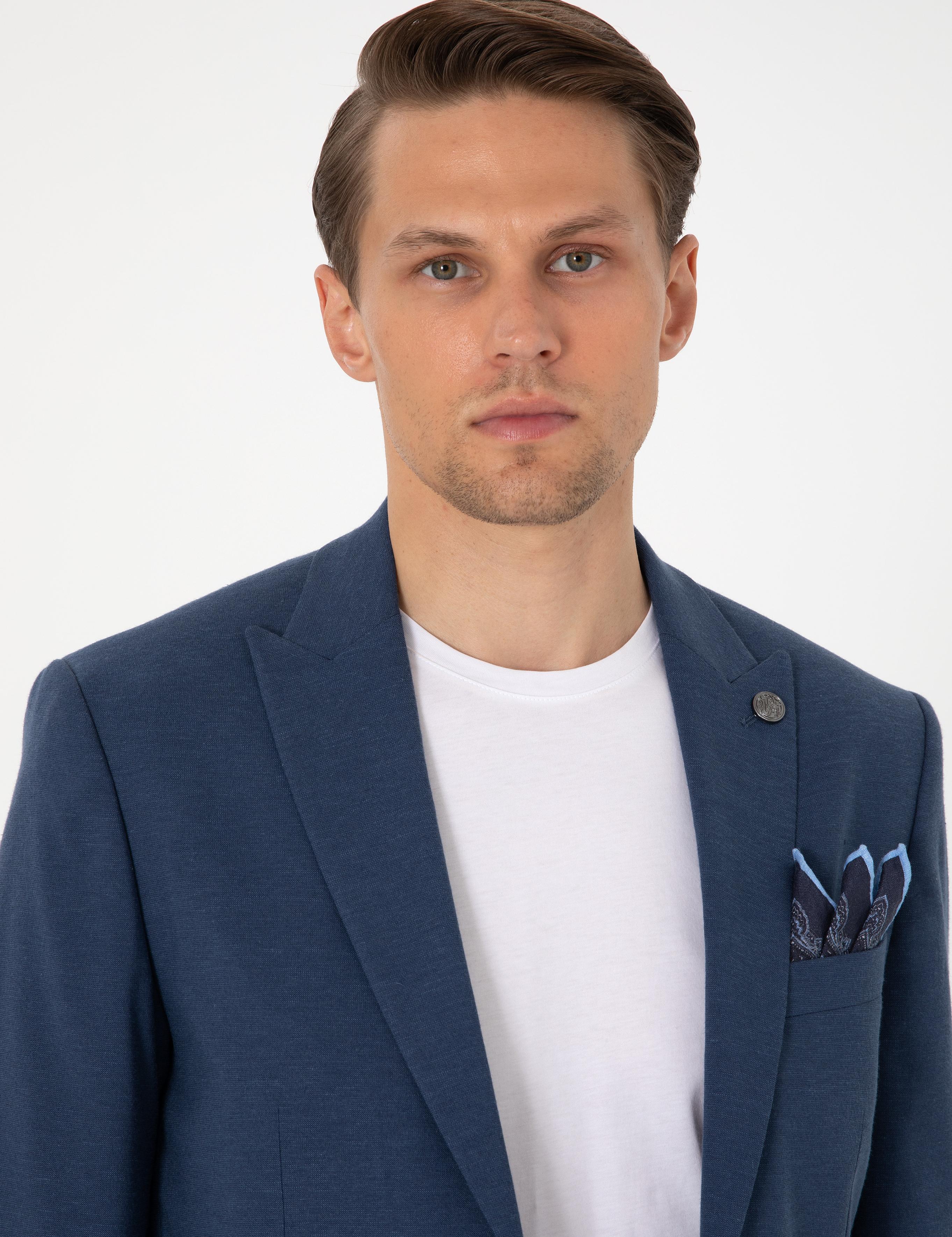 Lacivert Slim Fit Keten Karışımlı Takım Elbise