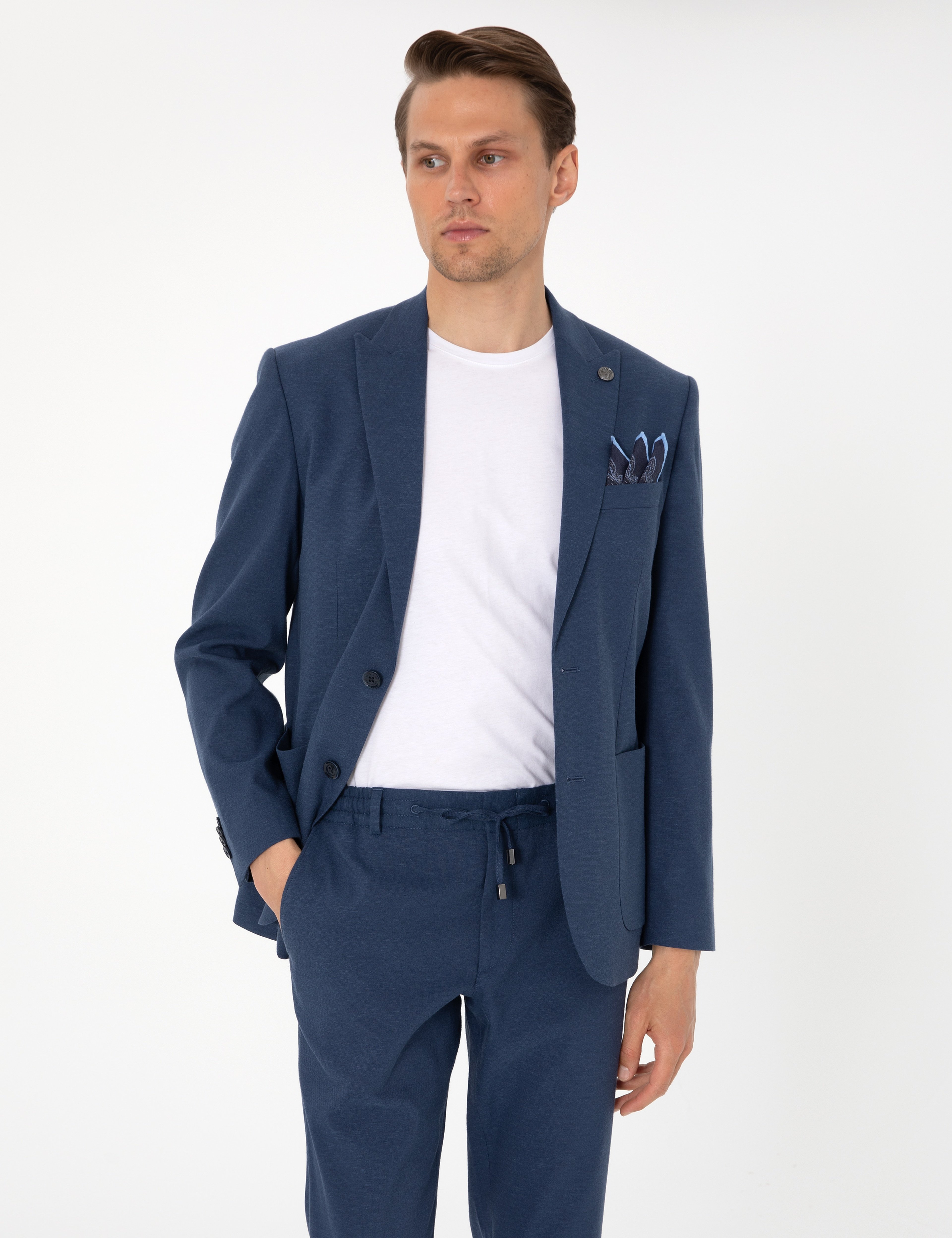 Lacivert Slim Fit Keten Karışımlı Takım Elbise - Image 3