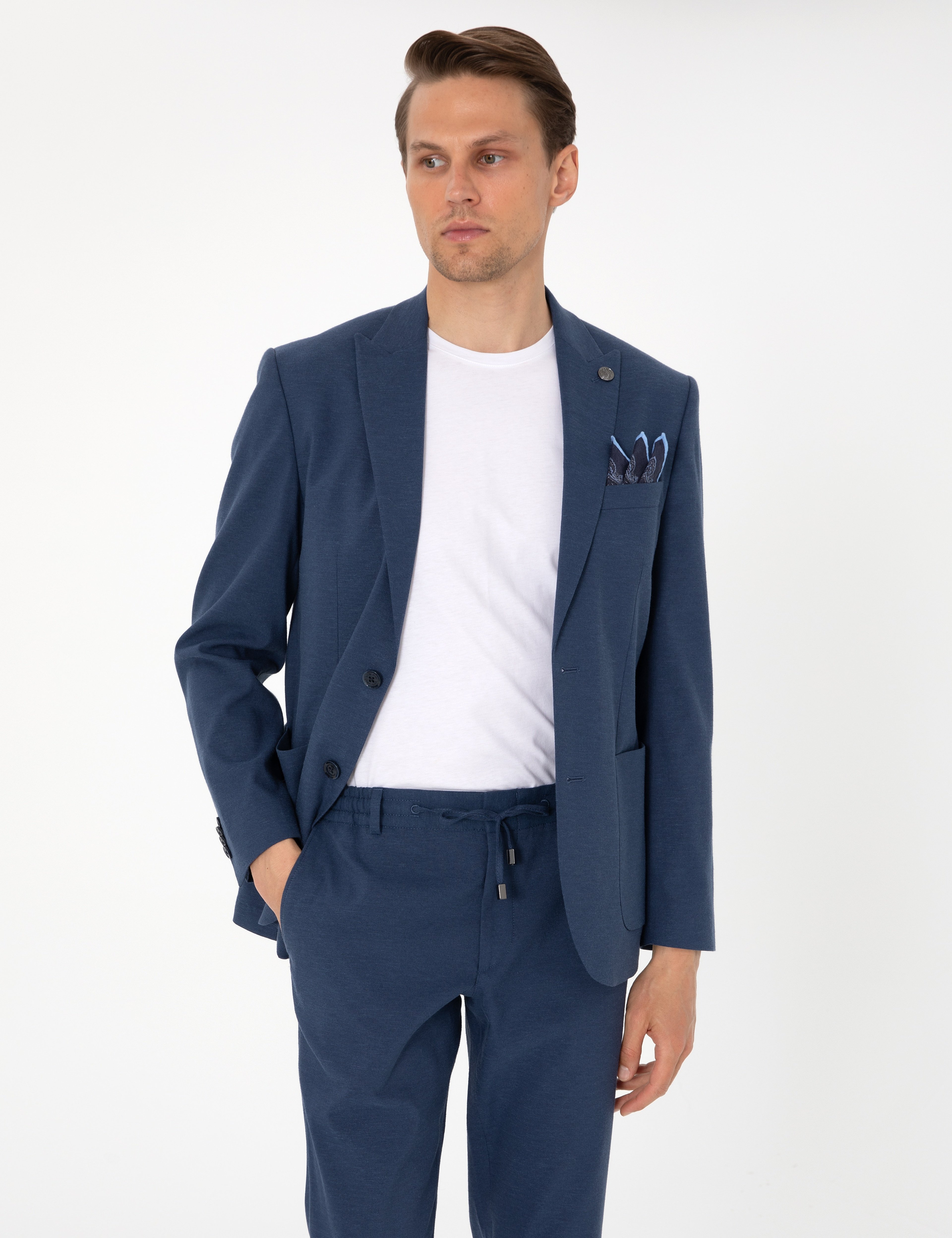 Lacivert Slim Fit Keten Karışımlı Takım Elbise