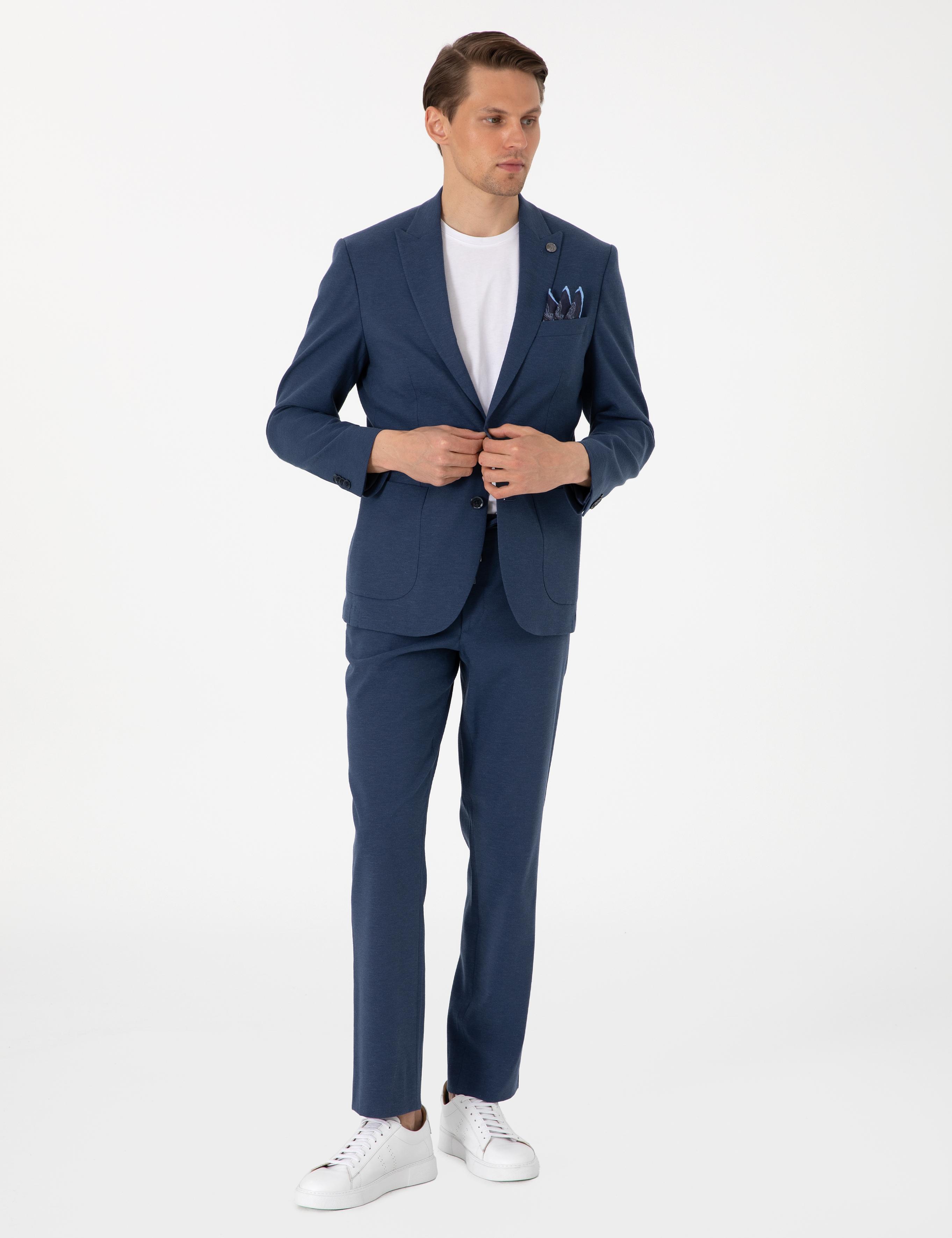 Lacivert Slim Fit Keten Karışımlı Takım Elbise