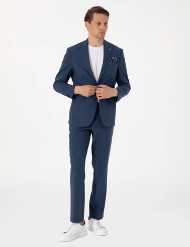 Lacivert Slim Fit Keten Karışımlı Takım Elbise