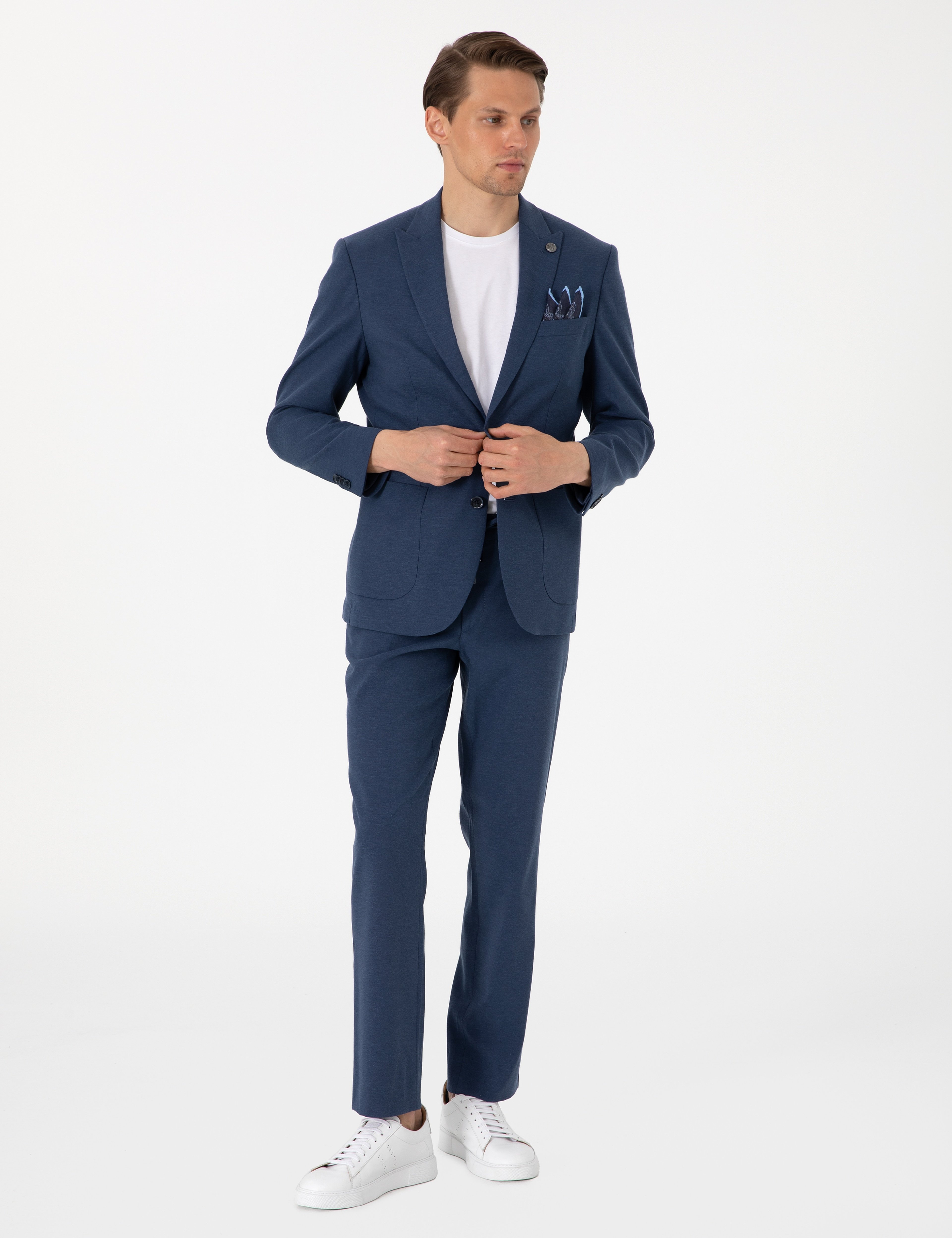 Lacivert Slim Fit Keten Karışımlı Takım Elbise - Image 4