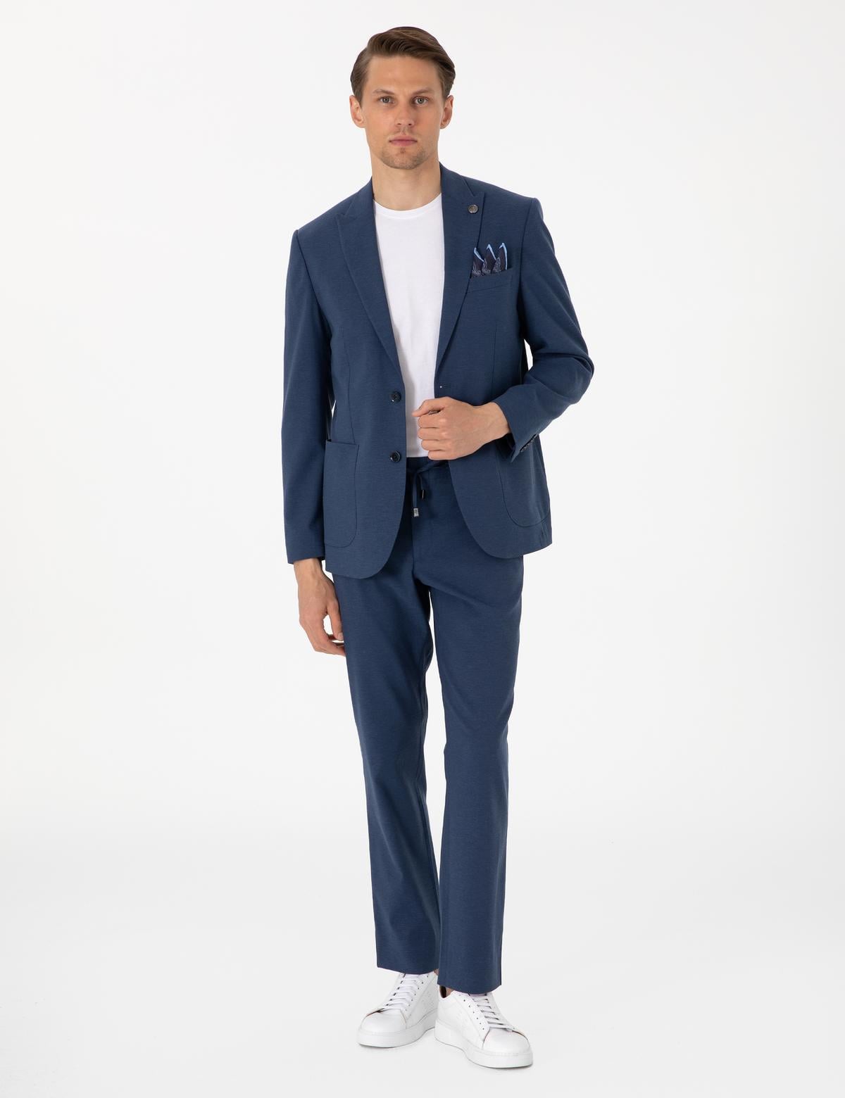 Lacivert Slim Fit Keten Karışımlı Takım Elbise