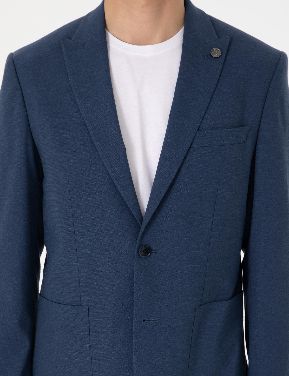 Lacivert Slim Fit Keten Karışımlı Takım Elbise - 50306933017