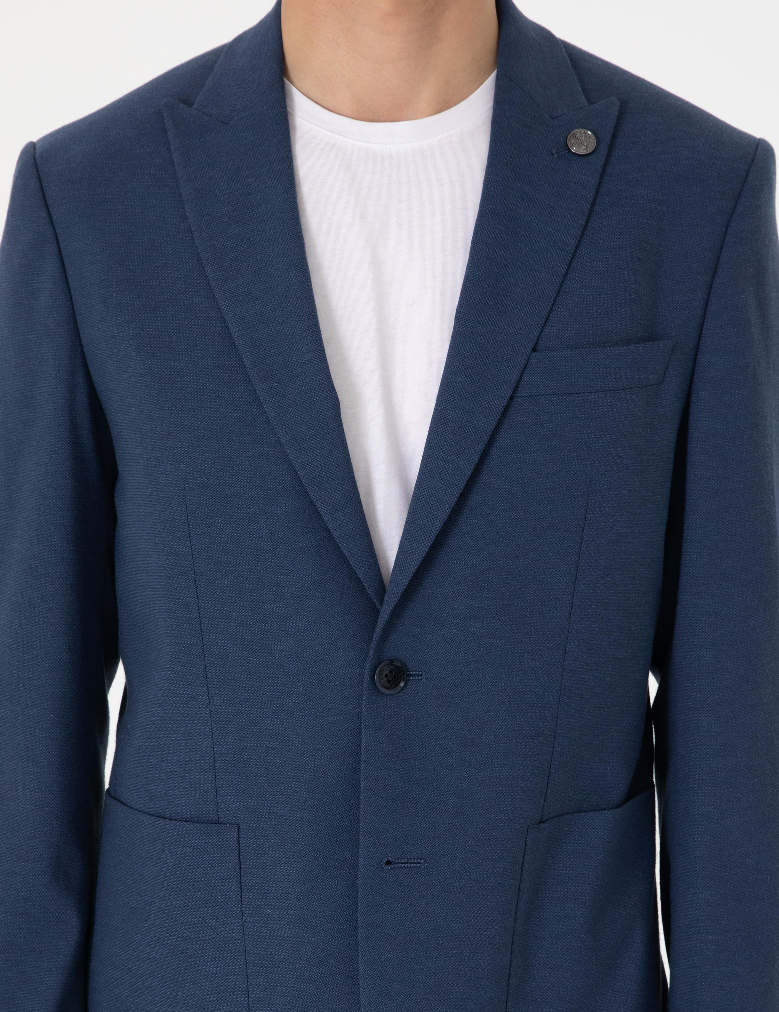 Lacivert Slim Fit Keten Karışımlı Takım Elbise