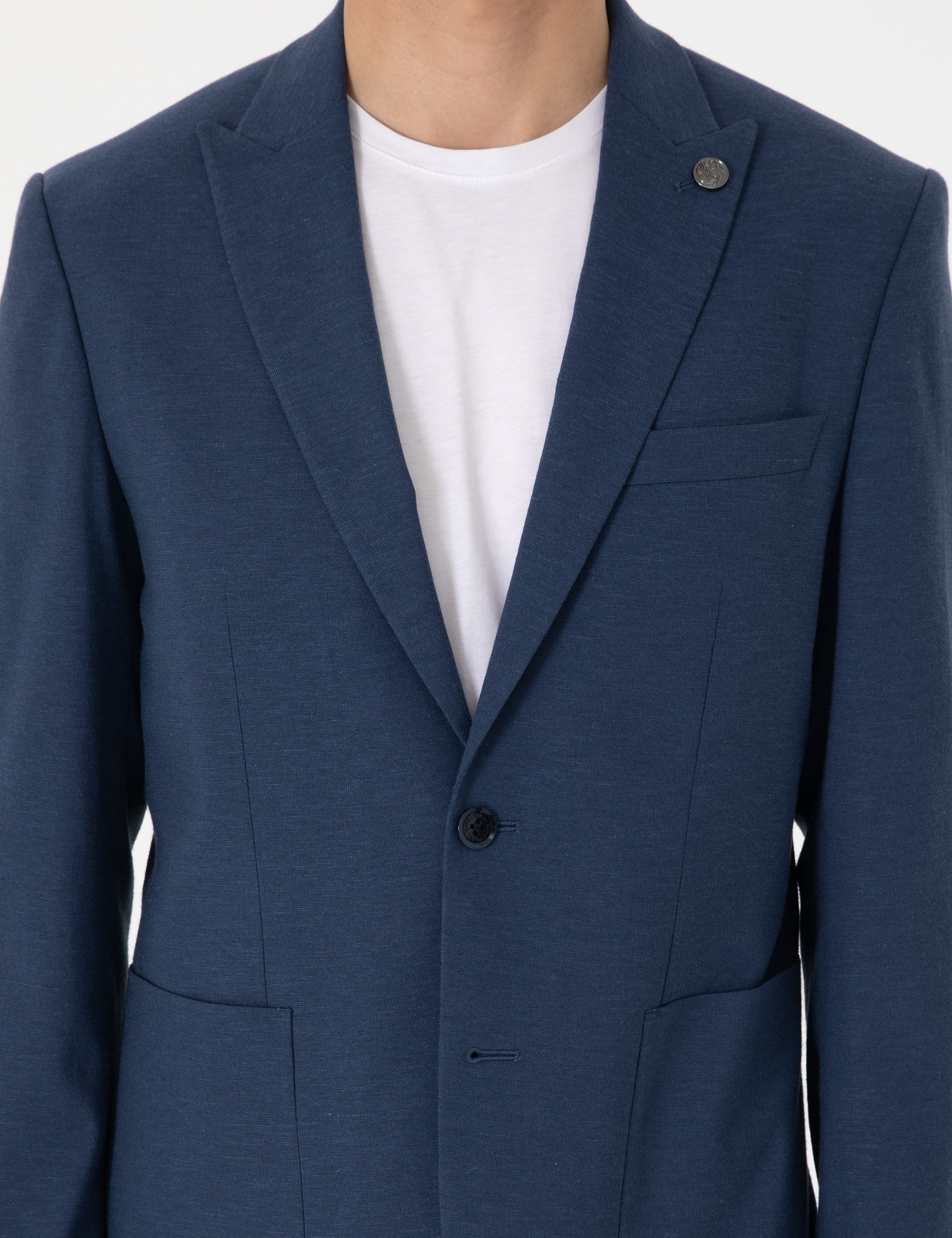 Lacivert Slim Fit Keten Karışımlı Takım Elbise