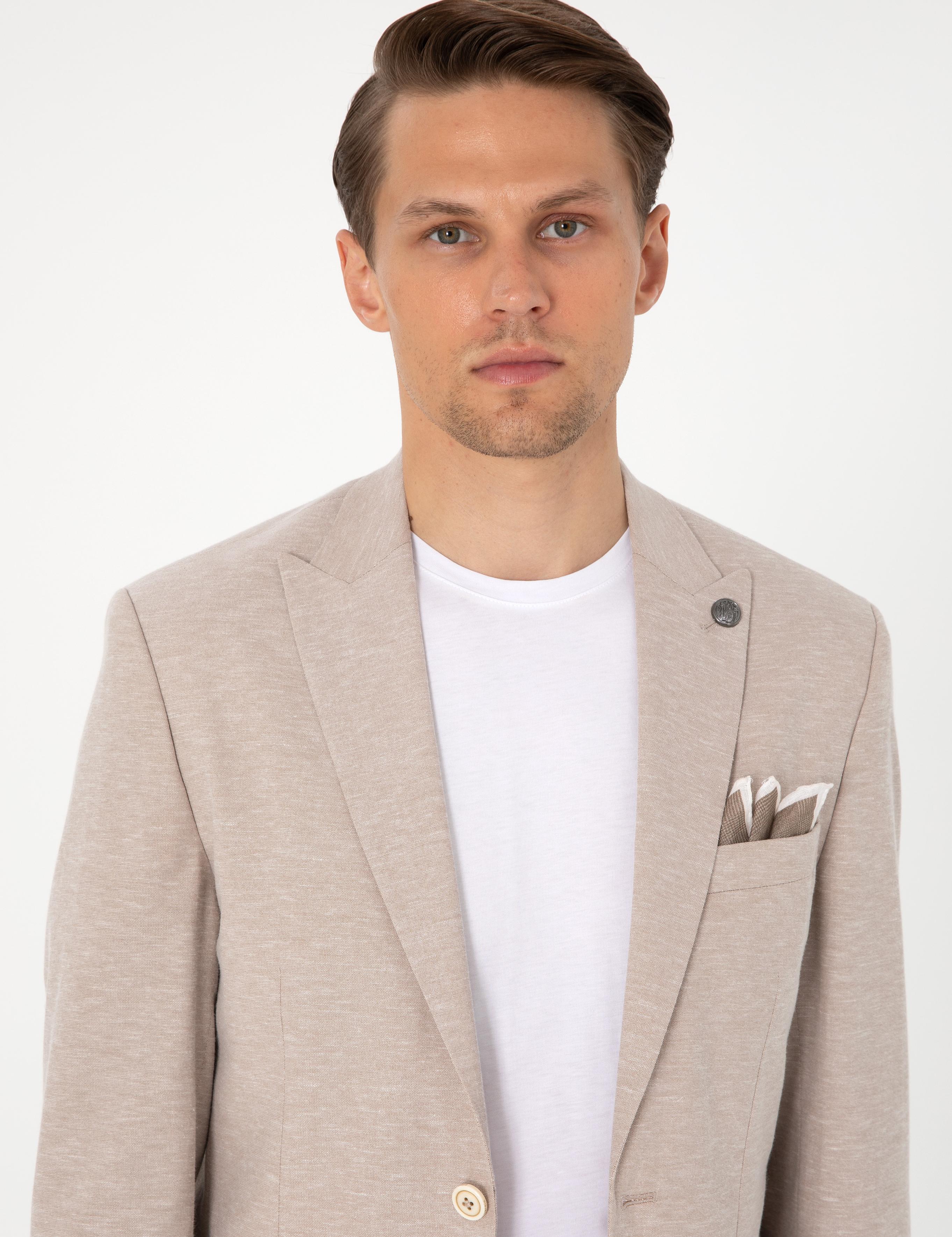 Açık Kahverengi Slim Fit Keten Karışımlı Takım Elbise