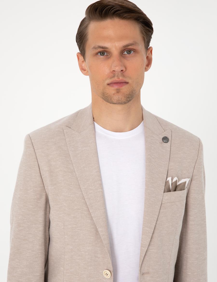 Açık Kahverengi Slim Fit Keten Karışımlı Takım Elbise