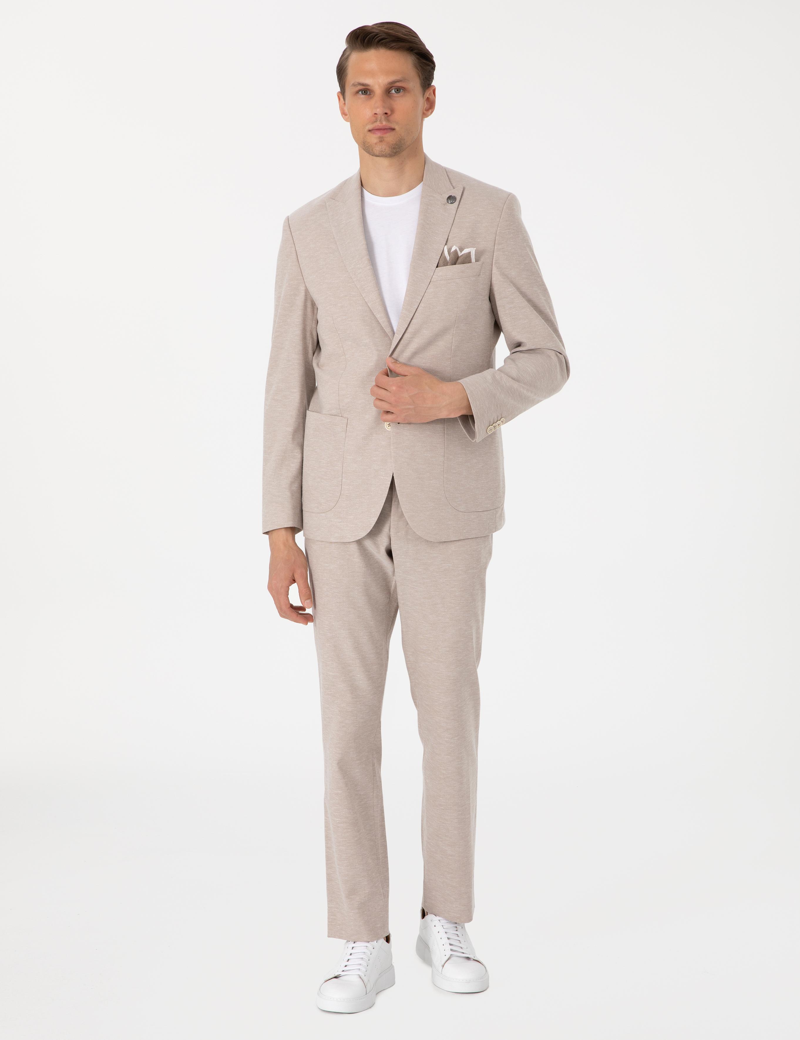 Açık Kahverengi Slim Fit Keten Karışımlı Takım Elbise