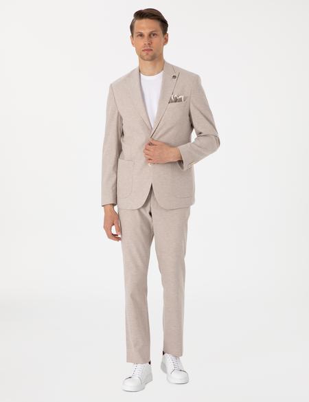 Açık Kahverengi Slim Fit Keten Karışımlı Takım Elbise - 50306933044