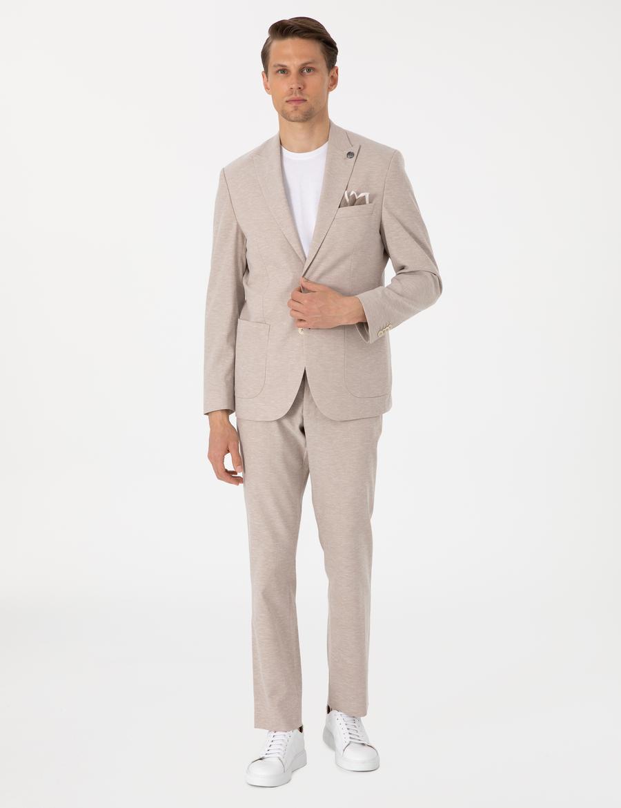 Açık Kahverengi Slim Fit Keten Karışımlı Takım Elbise